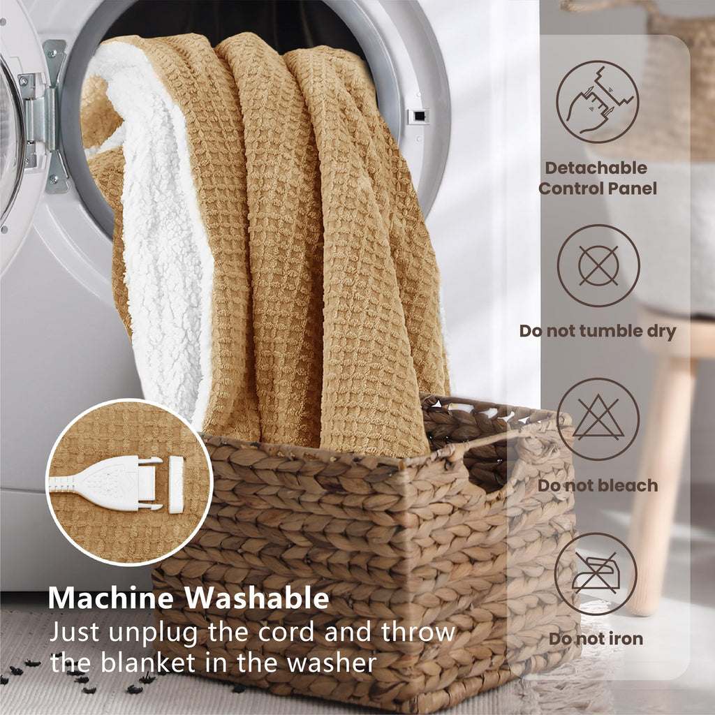 blunique Heated Blanket Electric Blanket King Waffle, 90x100 Inches Dual Controllers Sherpa Fleece Fast Heating Blanket 6 Heating Levels & 10 Hours Auto Off ETL Certification, Caramel King