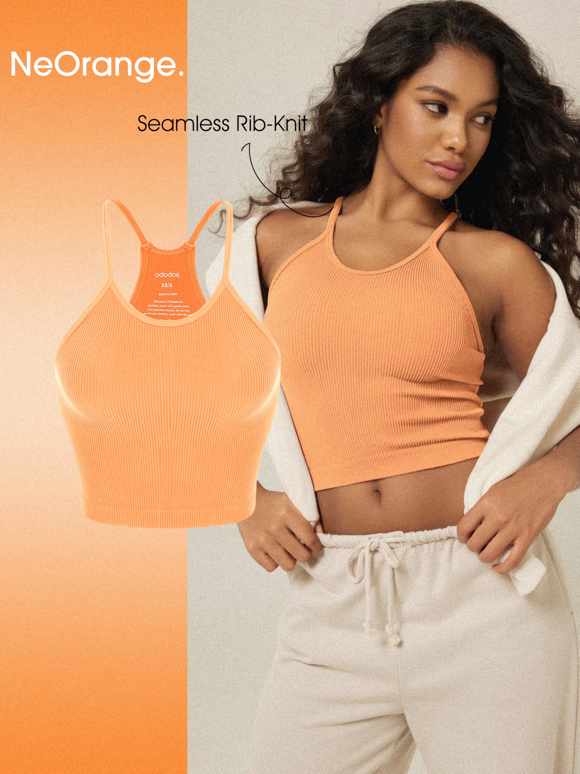 ODODOS Women's Crop 3-Pack Seamless Rib-Knit Camisole Crop Tank Tops, Long Crop, Neon Pink Green Orange, Medium/Large