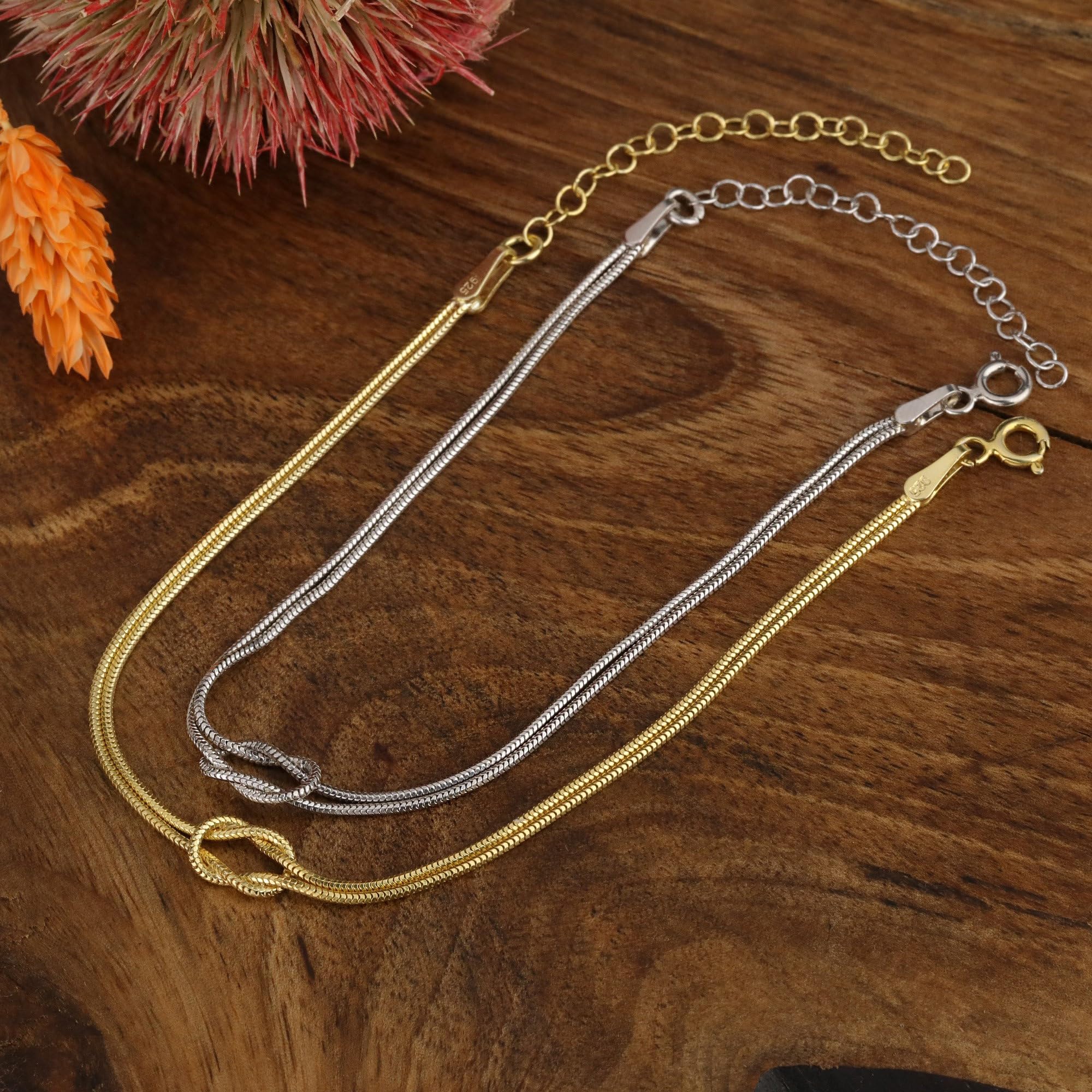 Matching Bracelets for Couples，Dainty Gold Love Knot Bracelet 14K Gold Plated Herringbone Chain Bracelet Relationship Jewelry Gifts for Best Friend(Gold&Silver)