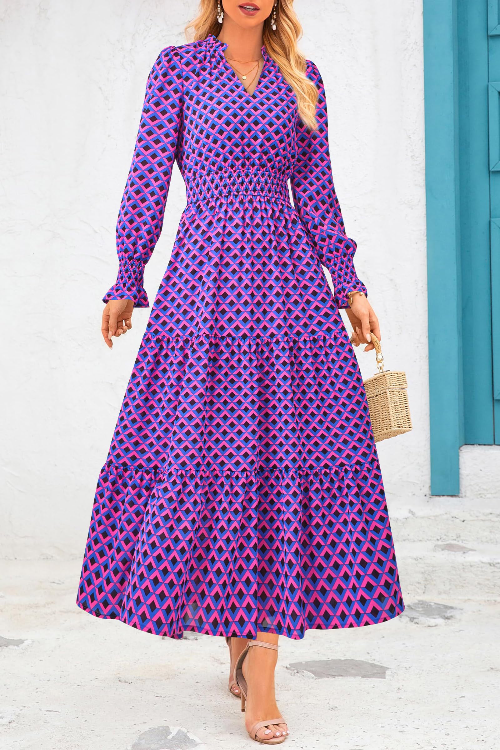 PRETTYGARDEN Women's Floral Maxi Dress 2026 Fall Long Sleeve V Neck A Line Long Flowy Spring Party Boho Dresses (Plaid Blue Pink,Large)