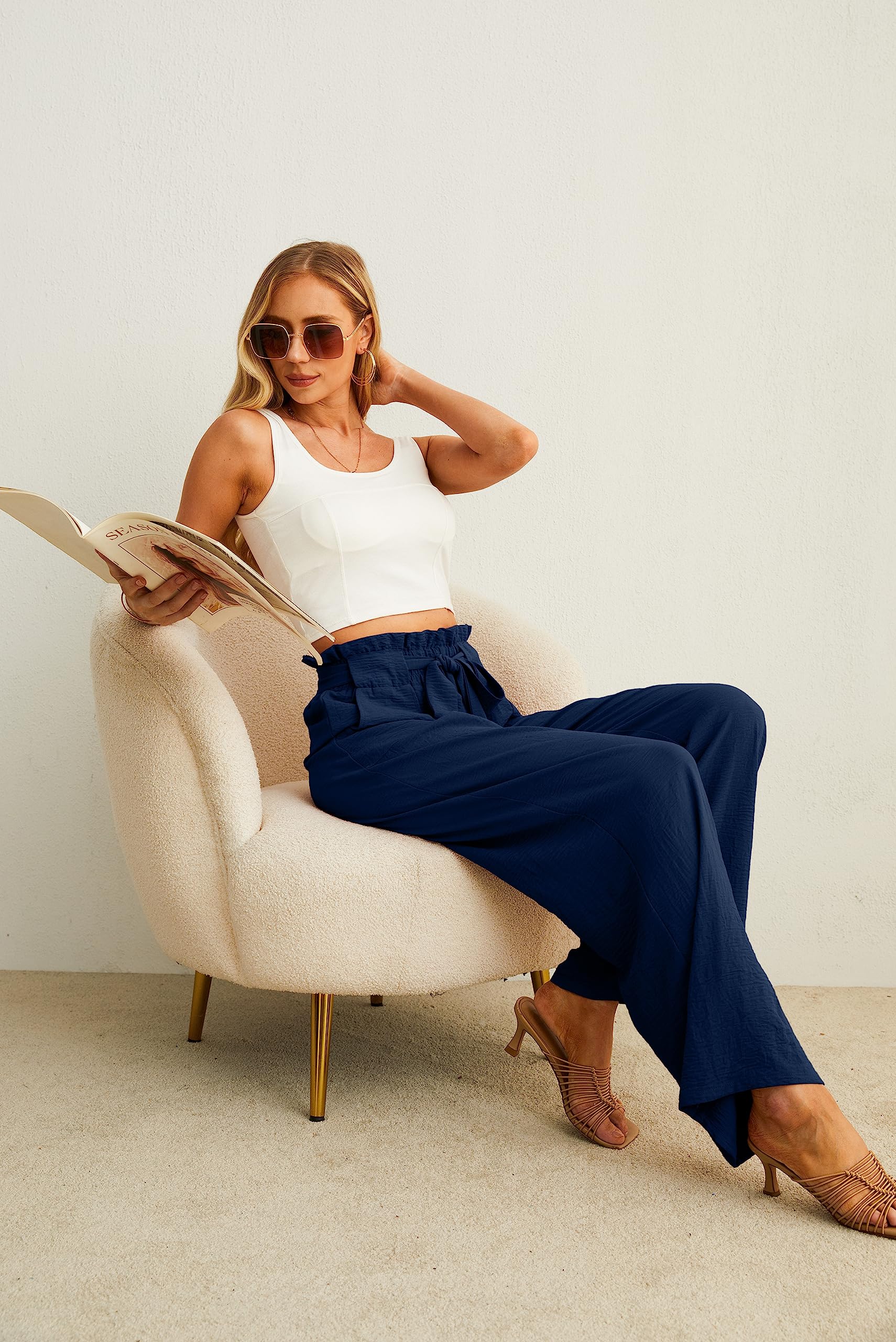 IWOLLENCE Women's Wide Leg Pants with Pockets High Waist Adjustable Knot Loose Casual Trousers Business Work Casual Pants Dark Blue XX-Large