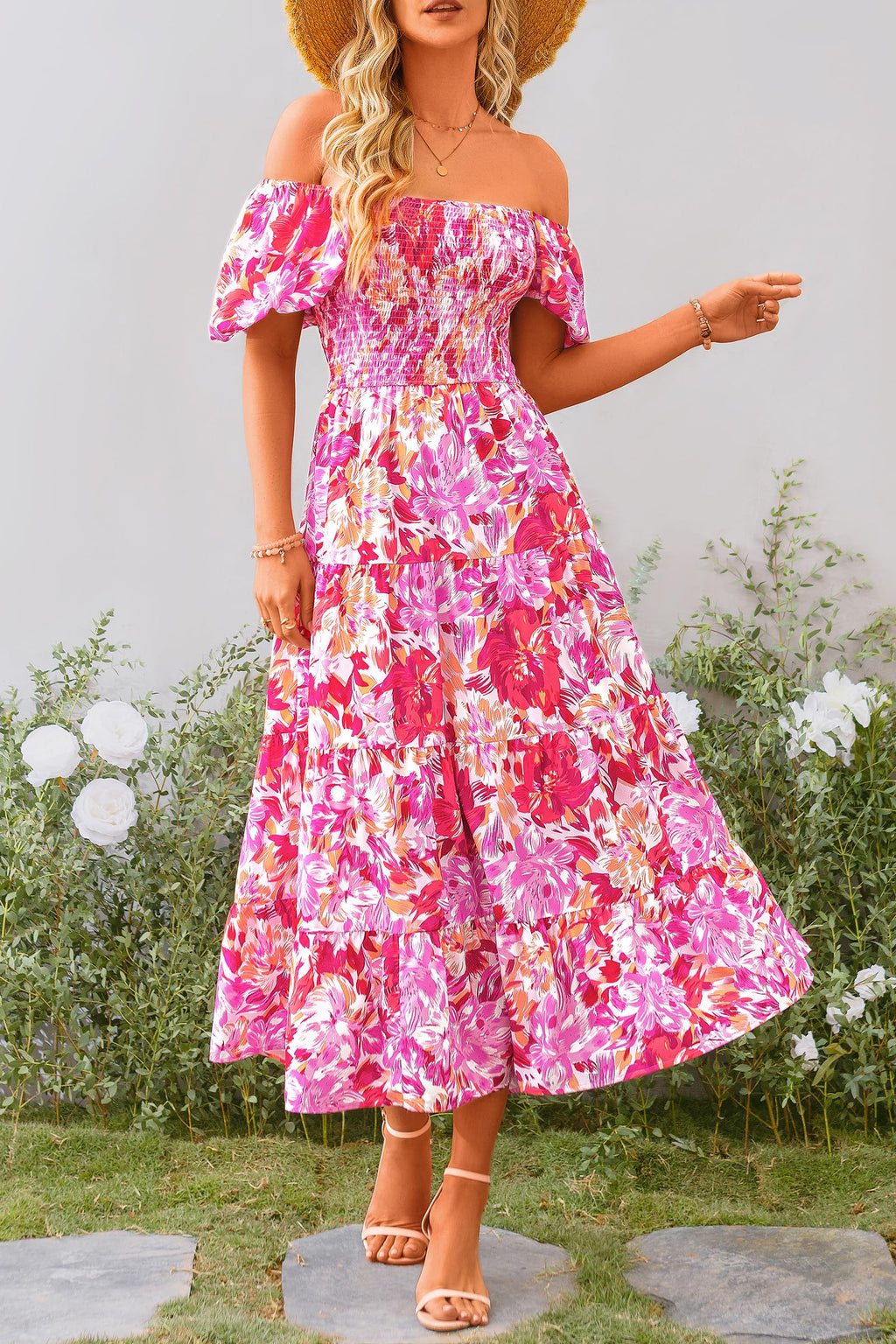PRETTYGARDEN Women's Casual Summer Midi Dress Puffy Short Sleeve Square Neck Smocked Tiered Ruffle Dresses (Floral Rose Red,Large)