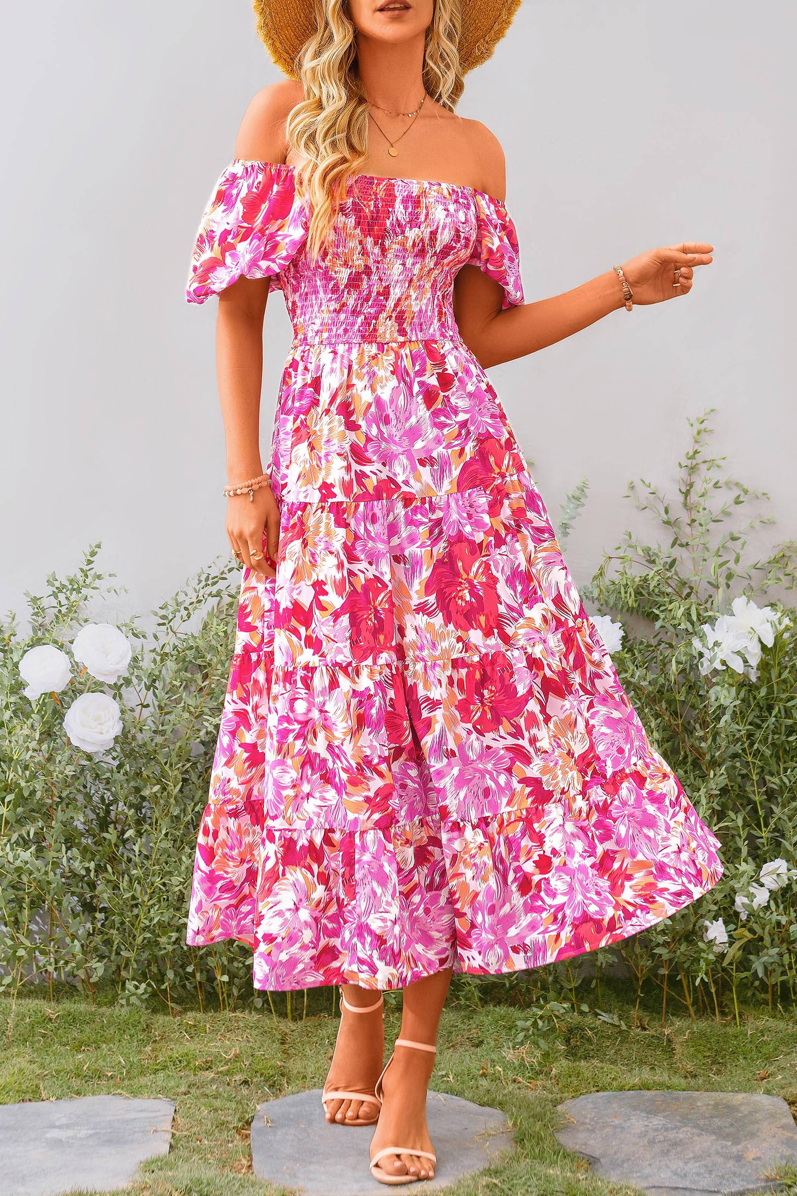 PRETTYGARDEN Women's Casual Summer Midi Dress Puffy Short Sleeve Square Neck Smocked Tiered Ruffle Dresses (Floral Rose Red,Large)