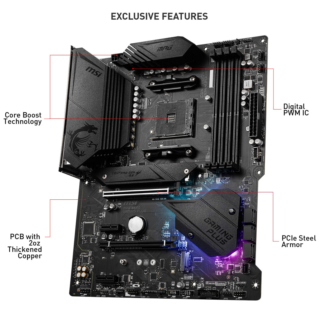 MSI MPG B550 Gaming Plus V1 Gaming Motherboard (AMD Ryzen 5000, AM4, DDR4, PCIe 4.0, SATA 6Gb/s, M.2, USB 3.2 Gen 2, HDMI/DP, ATX)