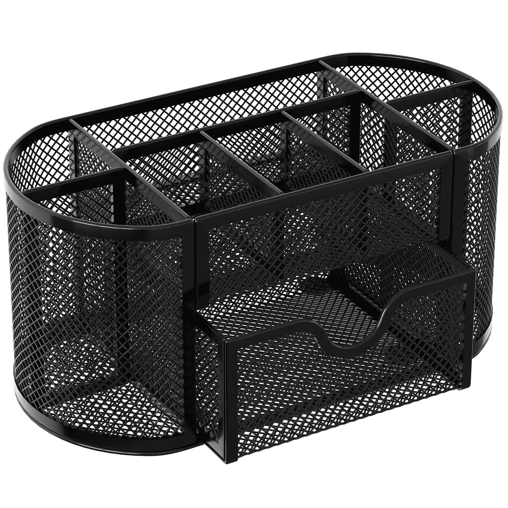 EasyPAG Mesh Pen Holder Desk Organizer with Drawer Stationery Supplies Organizer for Dorm School 9 Compartments Workspace Desk Accessories Organization for Office, Black