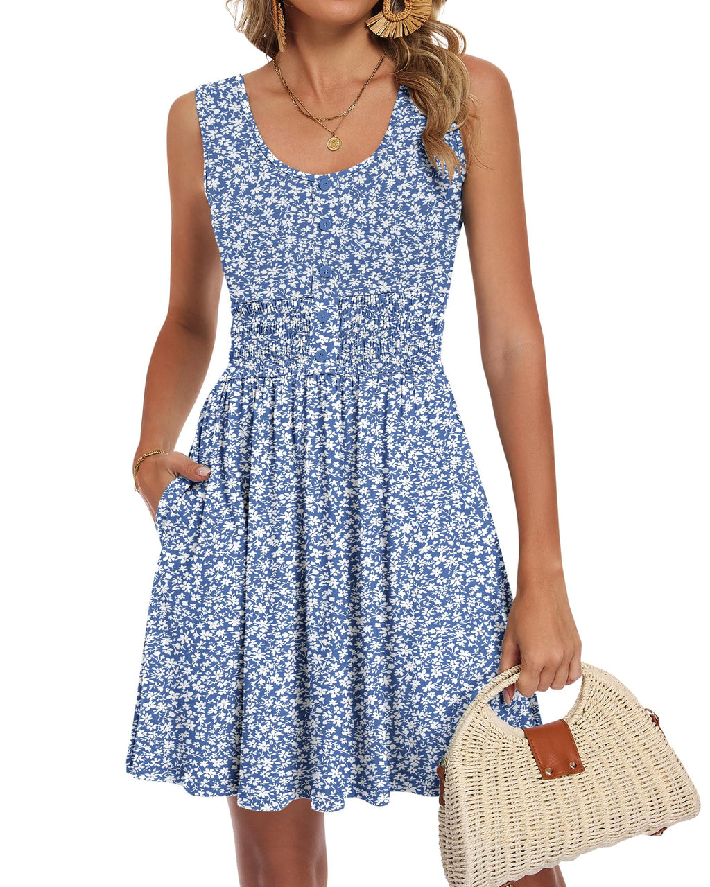 AUSELILY Womens Summer Dress 2026 Floral Empire Waist Smocked Short Dresses, Gray Blue Floral XS