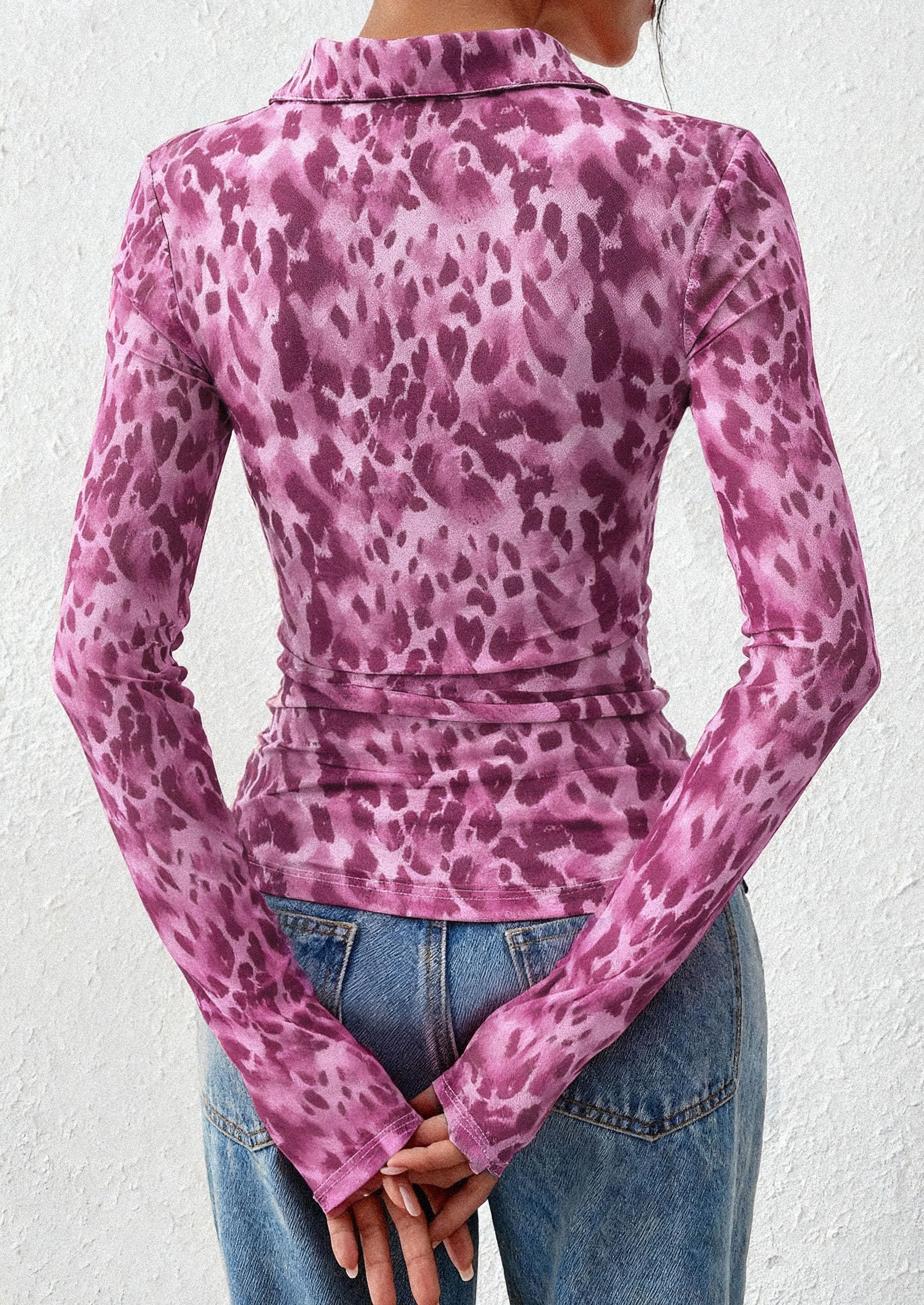 PRETTYGARDEN Women Button Down Floral Shirts 2026 Fall Trendy Long Sleeve V Neck Mesh Boho Blouse Spring Tops Date Outfits (Leopard Purple,Large)