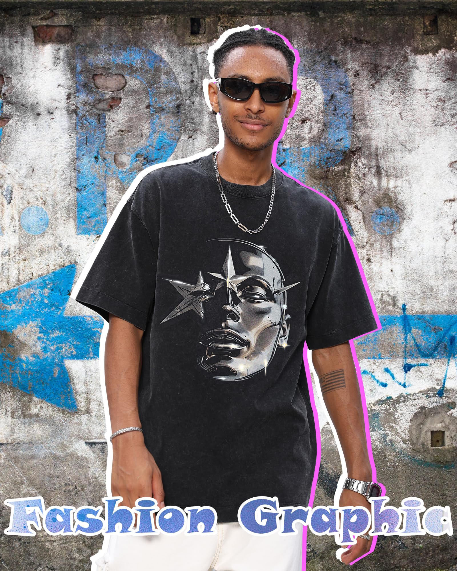 AugYew Men's Graphic Tees Shirt Unisex Cotton Oversized T-Shirt Short Sleeve Vintage Streetwear Casual Tee Top Men,BK,M