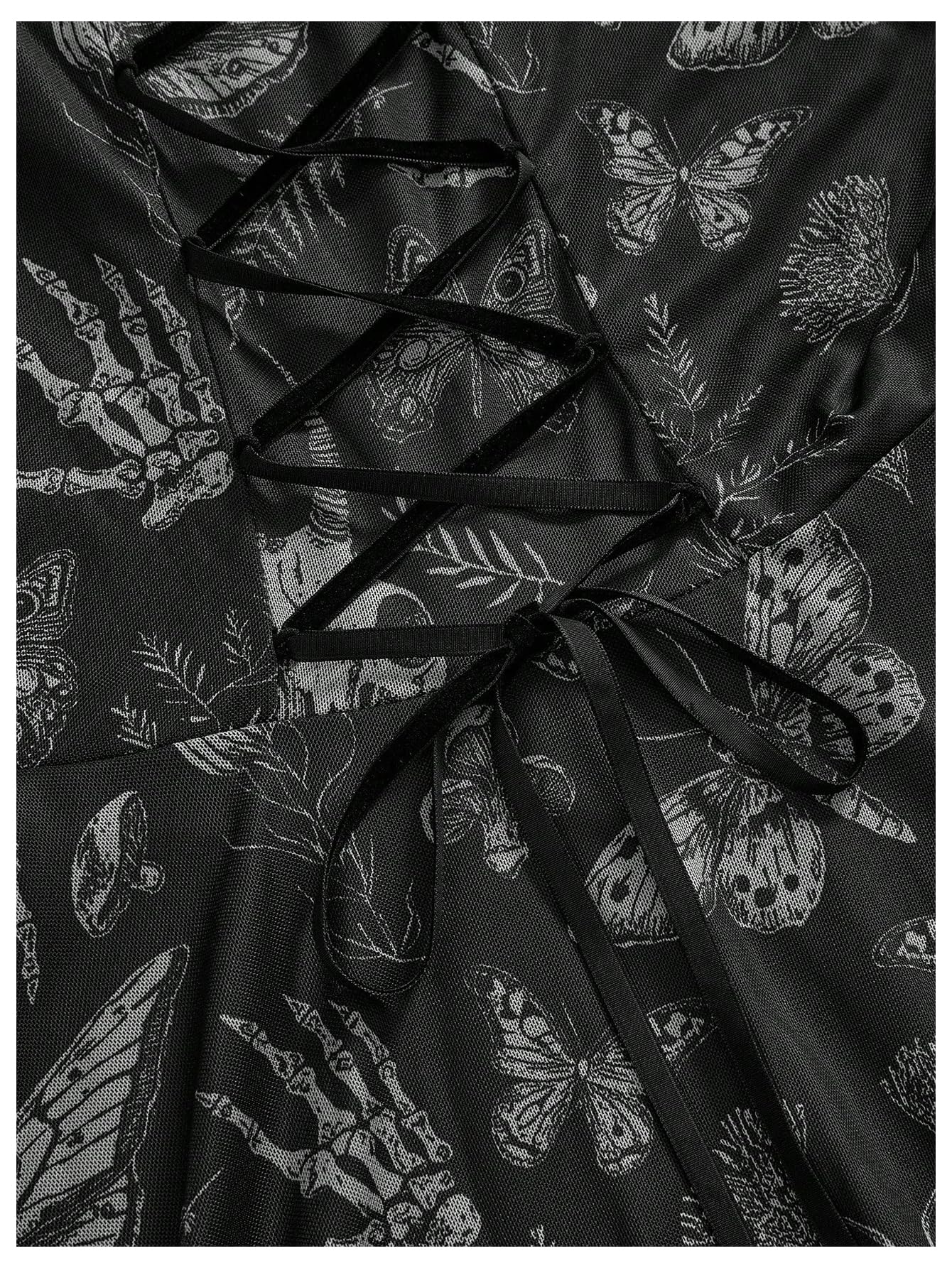 WDIRARA Women's Gothic Print Ruffle Off the Shoulder Dress Long Bell Sleeve Mesh Short Dresses Light Black X-Large