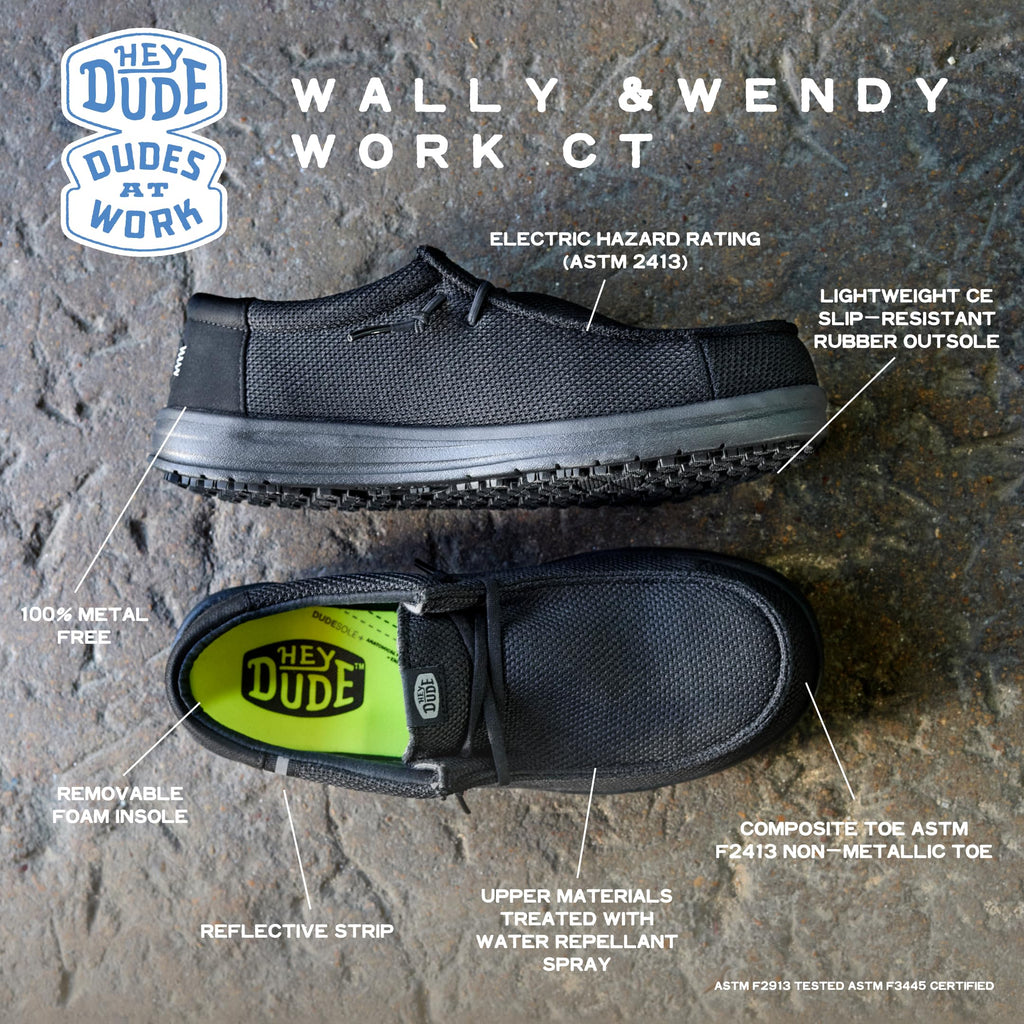 HEYDUDE Wally Work CT Wide Black/Black Size 10, Mens Shoes, Slip-on Loafers, Comfortable & Light-Weight