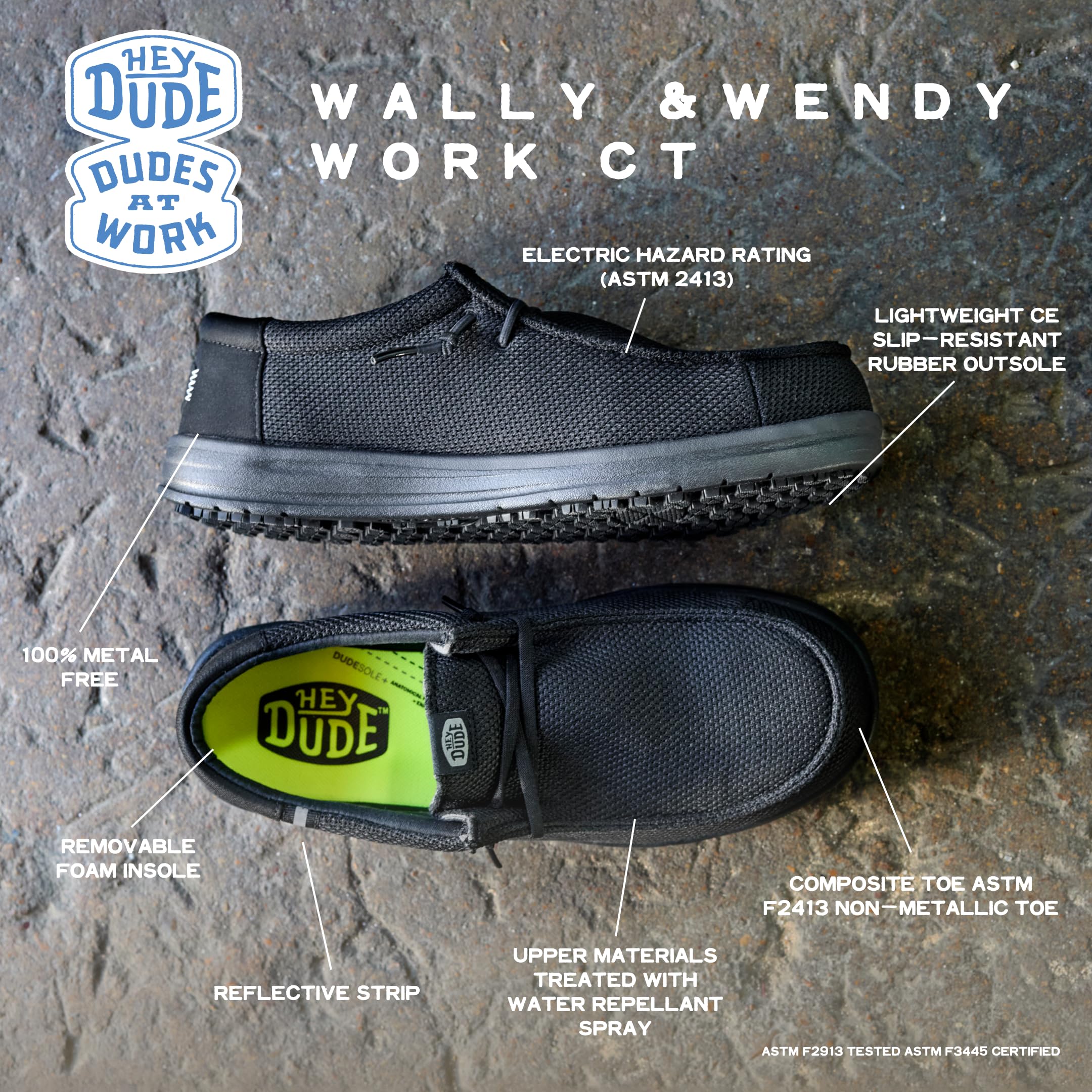 HEYDUDE Wally Work CT Wide Black/Black Size 10, Mens Shoes, Slip-on Loafers, Comfortable & Light-Weight