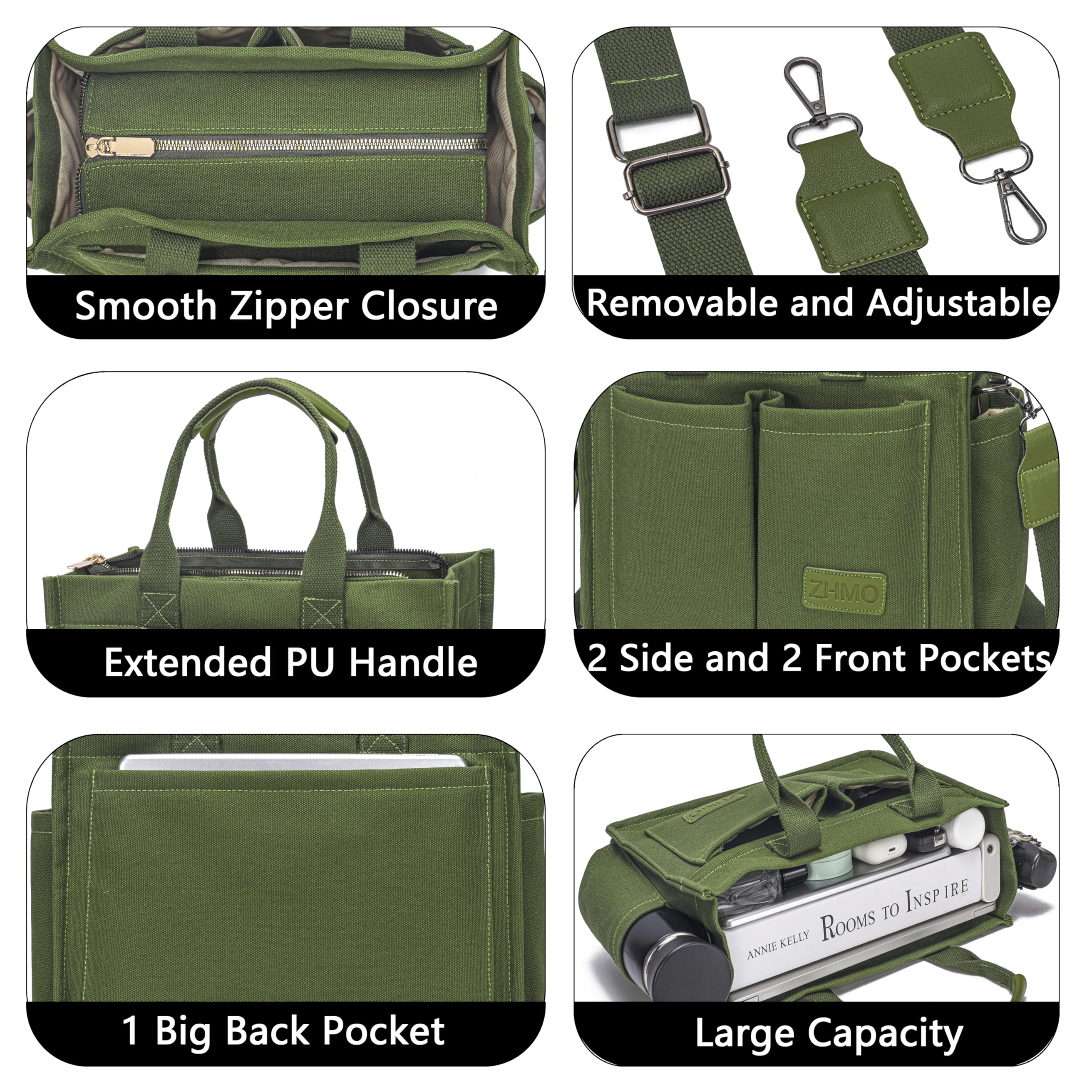 ZHMO Canvas Tote Bag for Women With Compartments and Zipper,Women's Bags Crossbody Bags Work Laptop Tote Bag Large Satchels Handbag Tote Purse Everyday Shoulder Bag for Travel Nurse Teacher Church