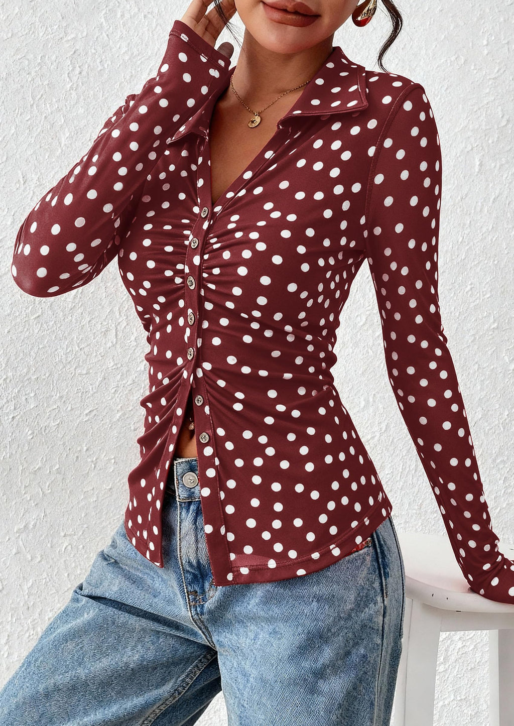 PRETTYGARDEN Women Button Down Floral Shirts 2026 Fall Trendy Long Sleeve V Neck Mesh Boho Blouse Spring Tops Date Outfits (01 Dot Burgundy White,Large)