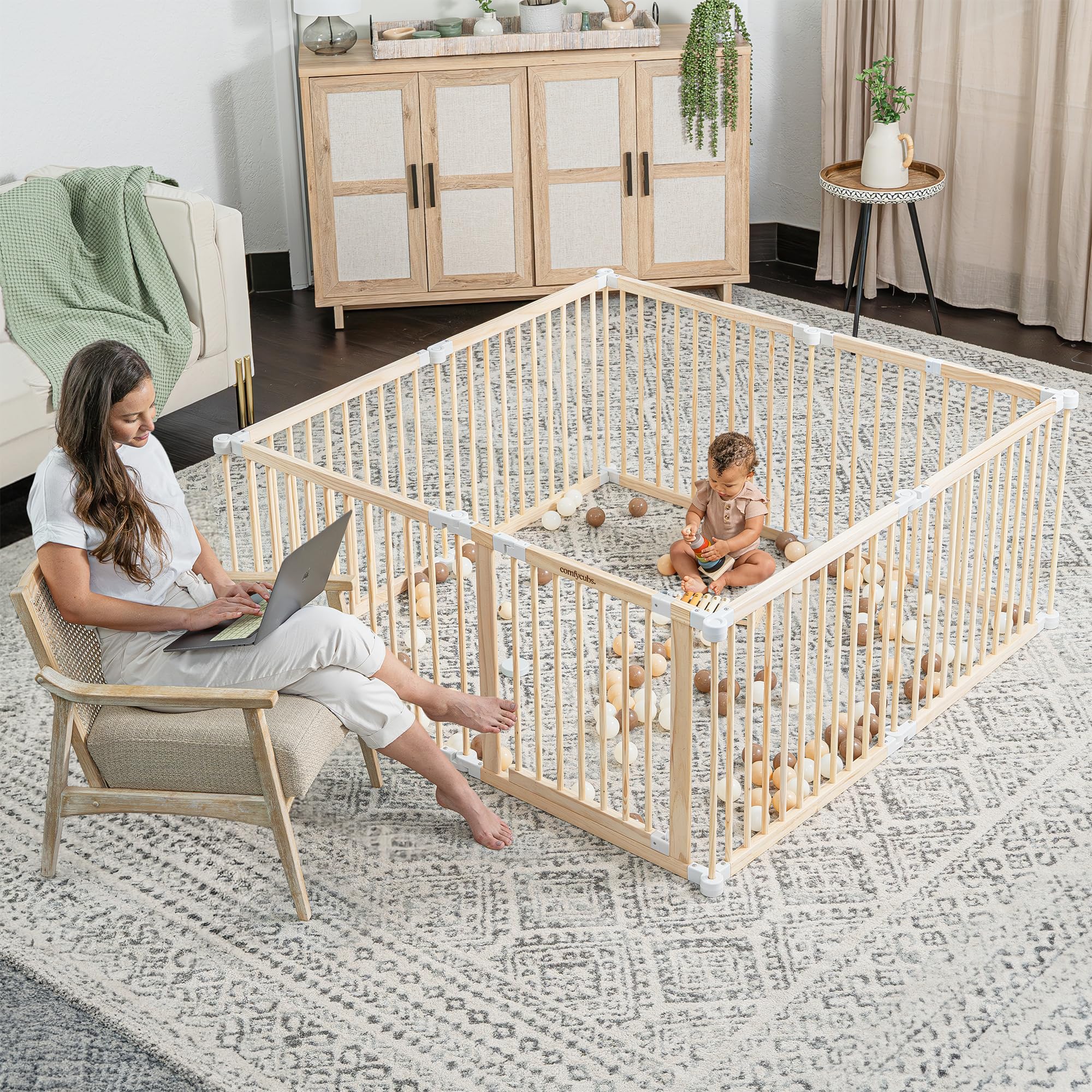 Comfy Cubs Baby Gate Playpen - 57 x 57 x 25 in, Extends Up to 228” - Pine Wood Foldable Playpen with Child-Proof Lock - Easy Assembly Baby Fence Play Area for Babies & Toddlers - Light Wood White