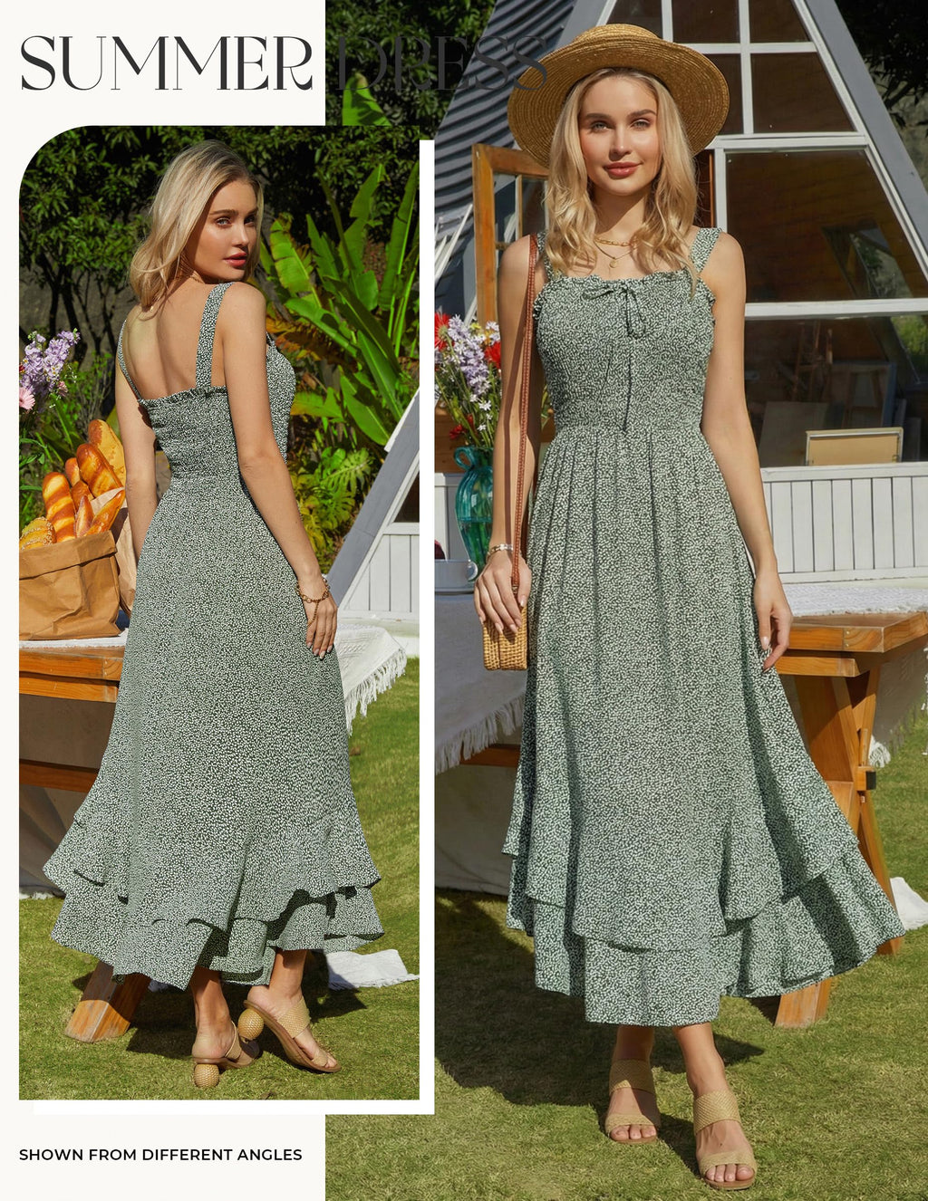 GRACE KARIN Women's 2025 Summer Floral Boho Dress Square Neck Strapped Swing A Line Sundress Beach Long Maxi OutfitsGreen L
