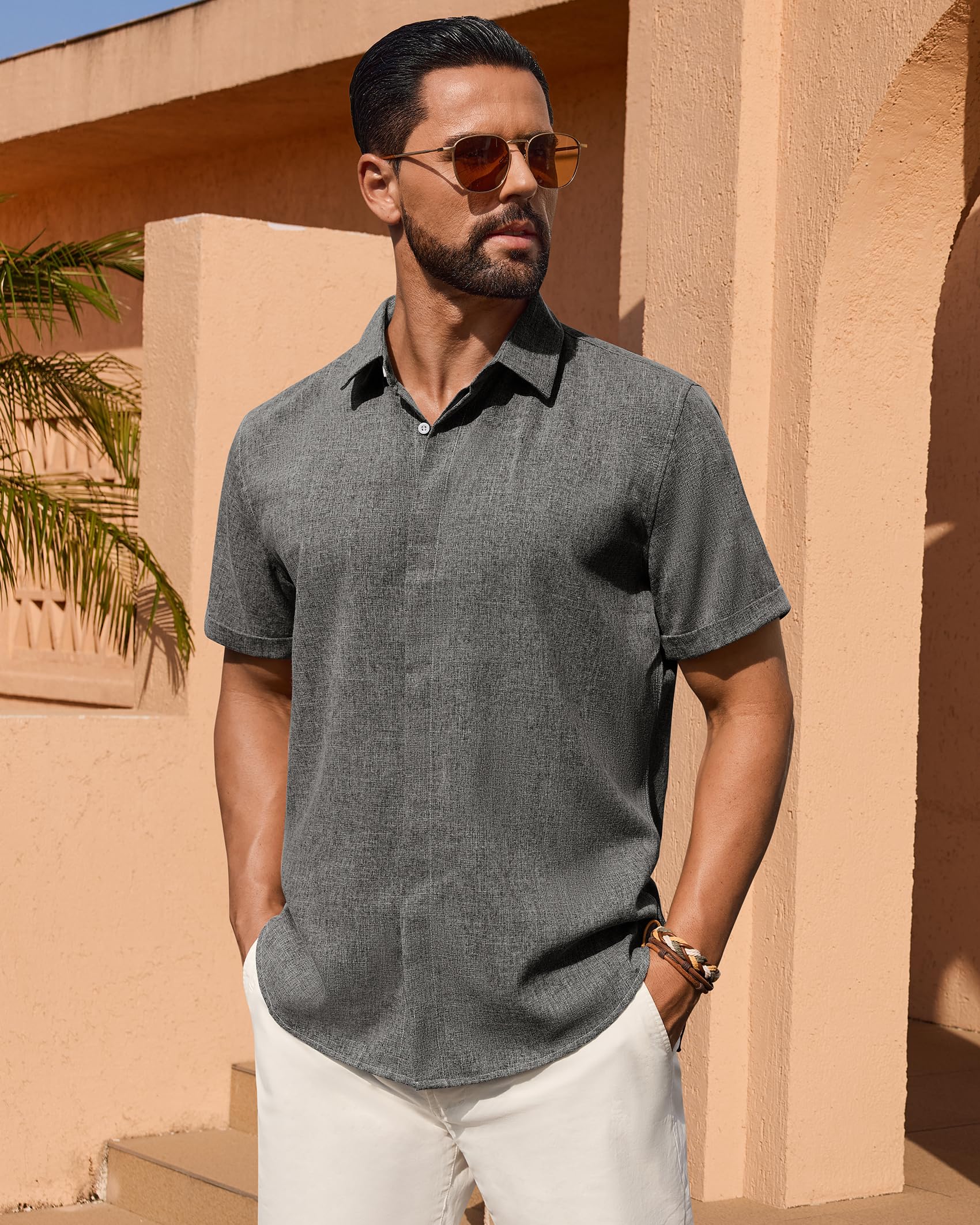 Alimens & Gentle Mens Linen Shirt Gray Short Sleeve Button Down Casual Lightweight Vacation Resort Workwear XXXXL