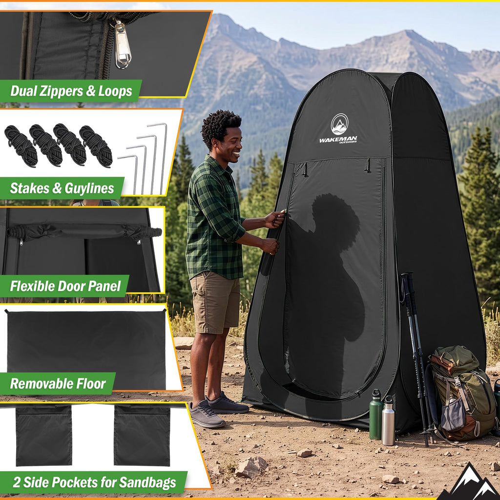 Pop Up Pod - Privacy Shower Tent, Dressing Room, or Portable Toilet Stall with Carry Bag for Camping, Beach, or Tailgate by Wakeman Outdoors (Black)
