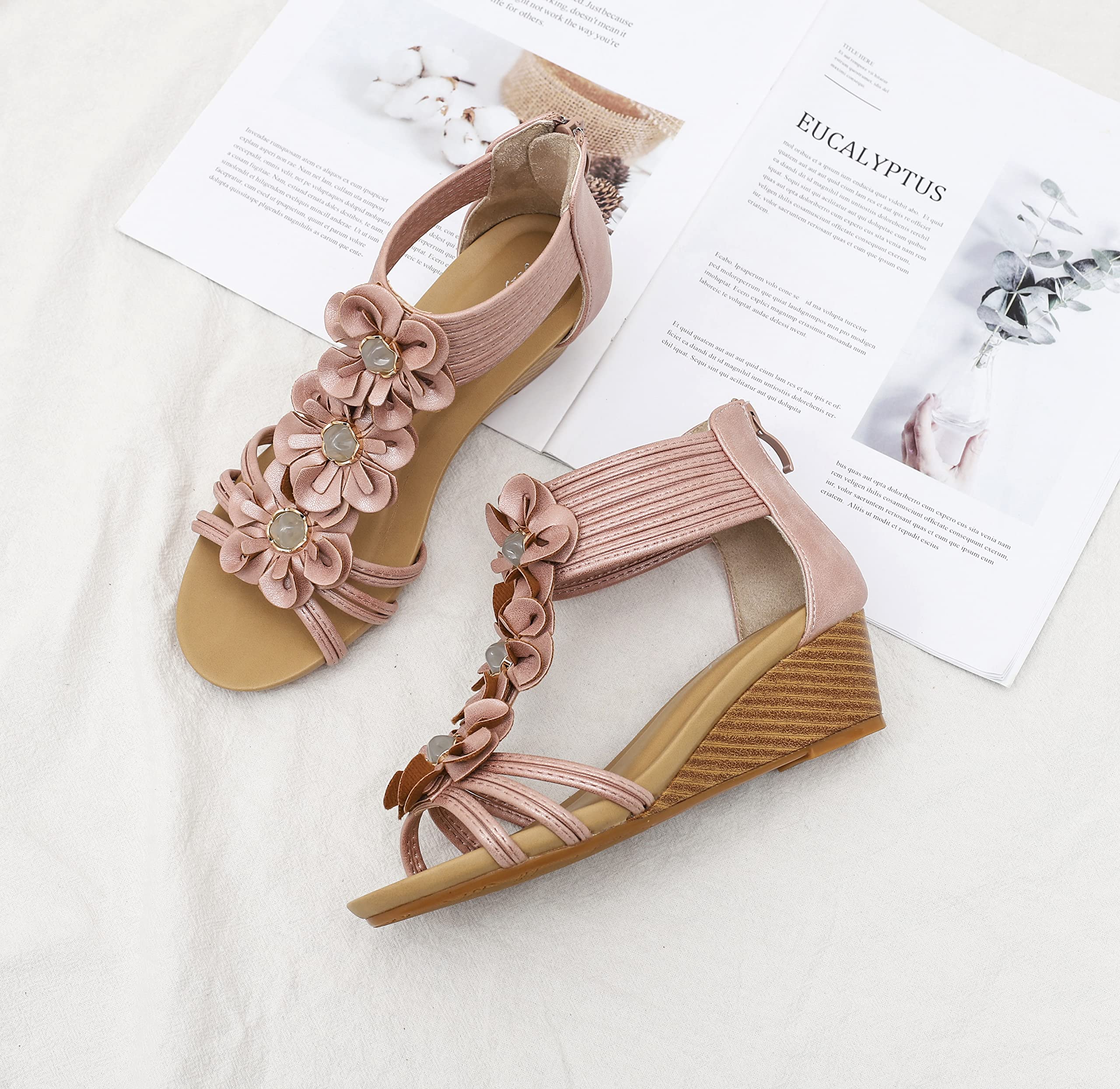 FRALOSHA Wedge Sandals for Women Open Toe Casual Summer Flower Roman High Heel Breathable Beach Sandals Pink 8.5