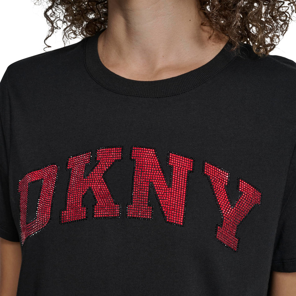 DKNY Women's Varsity Logo Cotton Short Sleeve T-Shirt, Black/City Crimson, X-Large