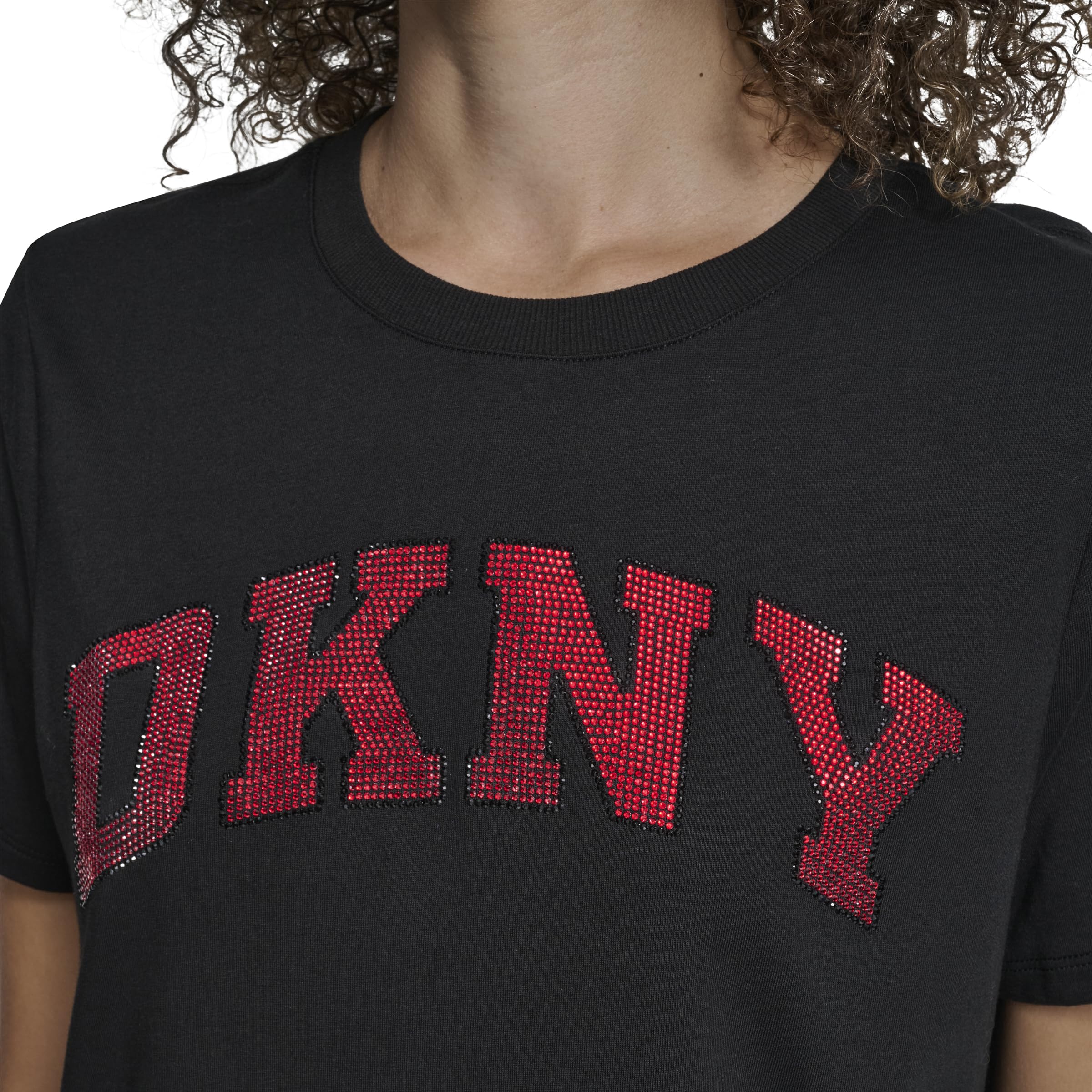 DKNY Women's Varsity Logo Cotton Short Sleeve T-Shirt, Black/City Crimson, X-Large