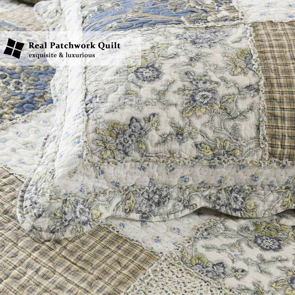 Yvooxny Quilt Set King Size Reversible Country Farmhouse Floral Real Patchwork Quilted Bedspread 3-Piece Quilt Set with Pillowcases with Ruffles for All Seasons, 96 x 108 Inches