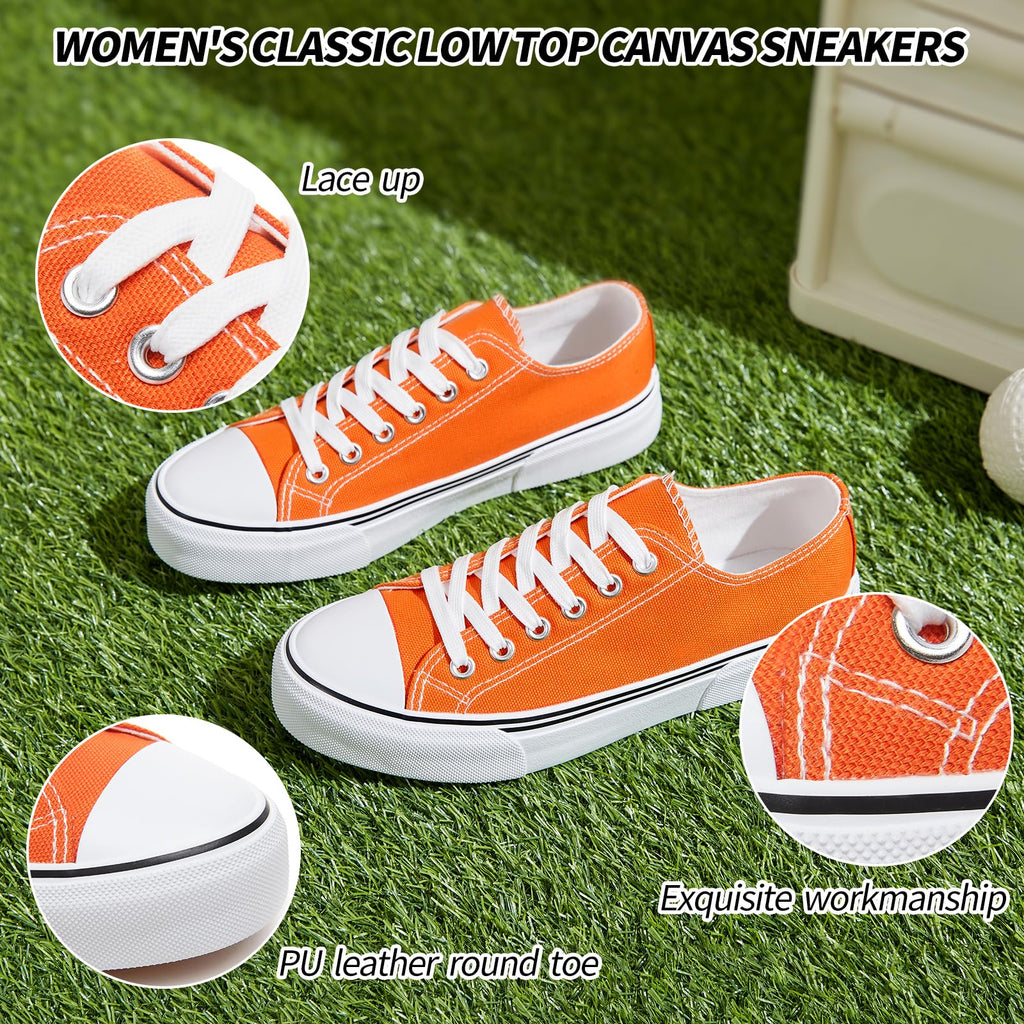 Adokoo Canvas Tennis Shoes for Women Low Top Casual White Black Sneakers for Women Lace Up Fashion Comfortable Walking Shoes (Orange,11)