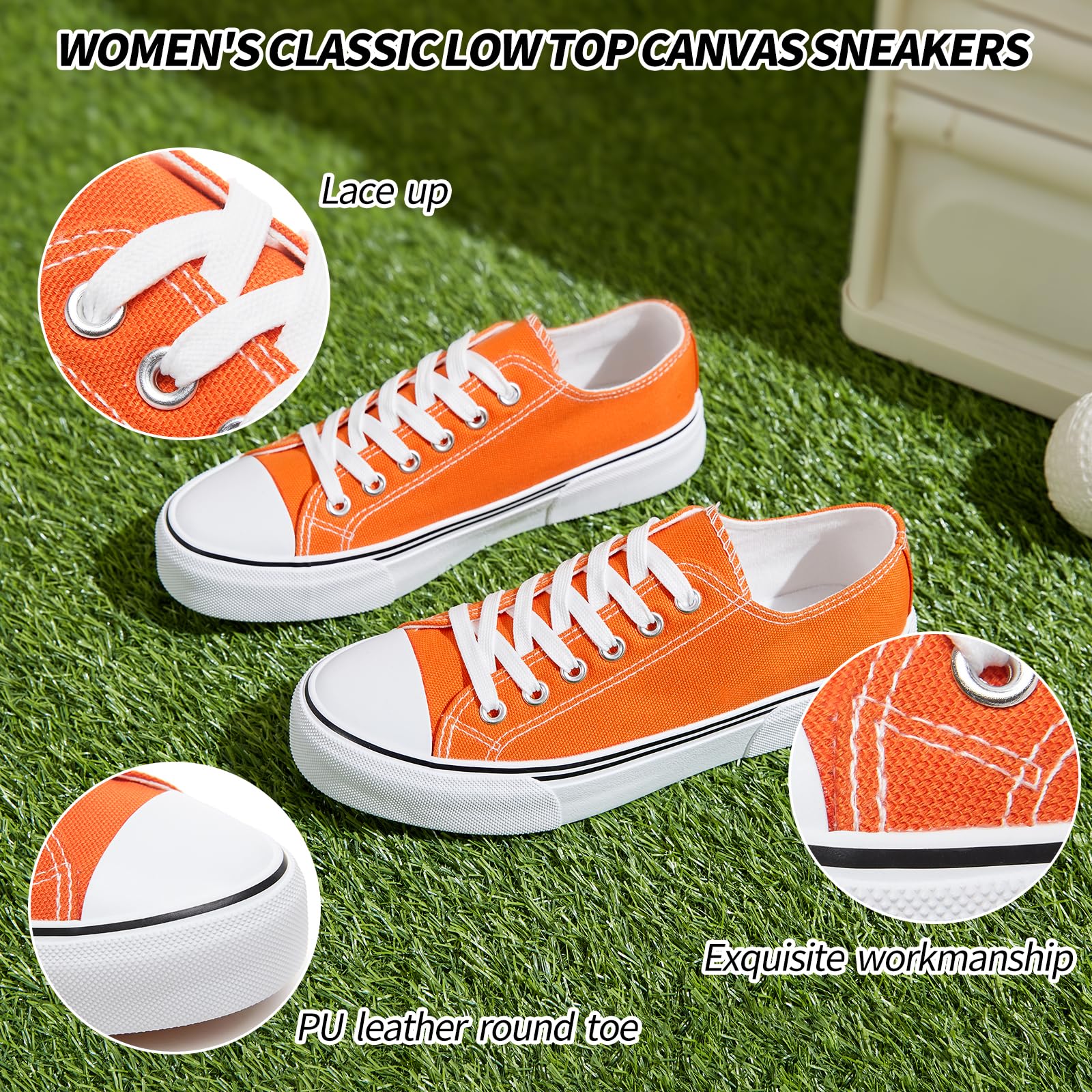 Adokoo Canvas Tennis Shoes for Women Low Top Casual White Black Sneakers for Women Lace Up Fashion Comfortable Walking Shoes (Orange,7.5)