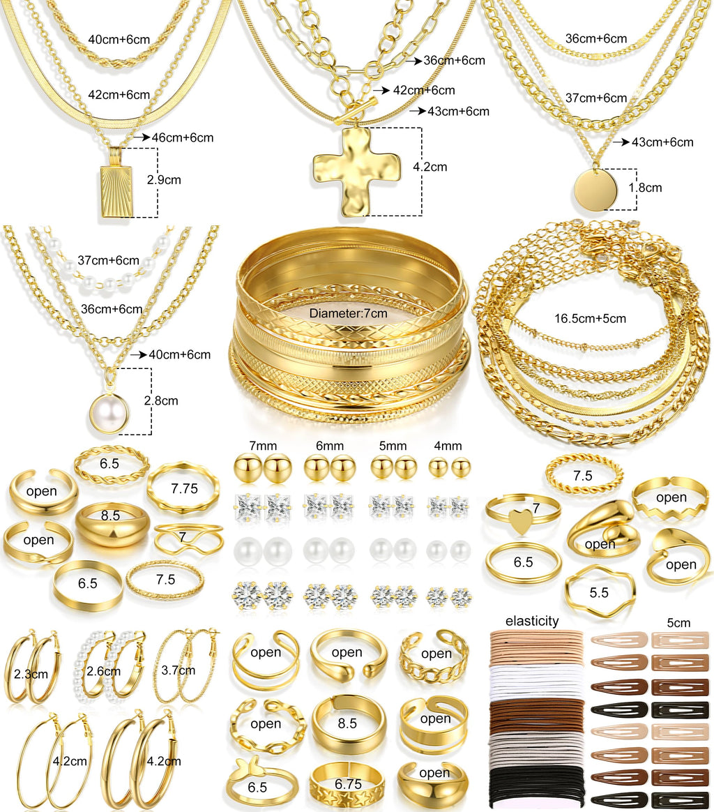 FANDY 137 Pieces Gold Jewelry Set for Women, 12 Necklace, 14 Bracelet, 21 Earrings, 24 Knuckle Rings, 66 Hair Accessory, Gold Jewelry for Women Gift