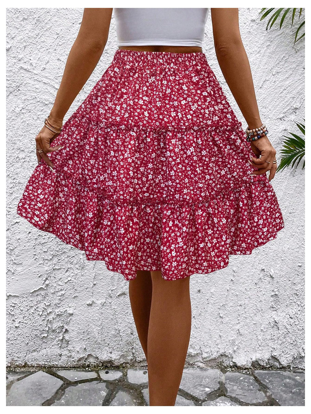 WDIRARA Women's Floral Print Ruffle Hem Elastic High Waist Tie Front Skirt Boho Red Large