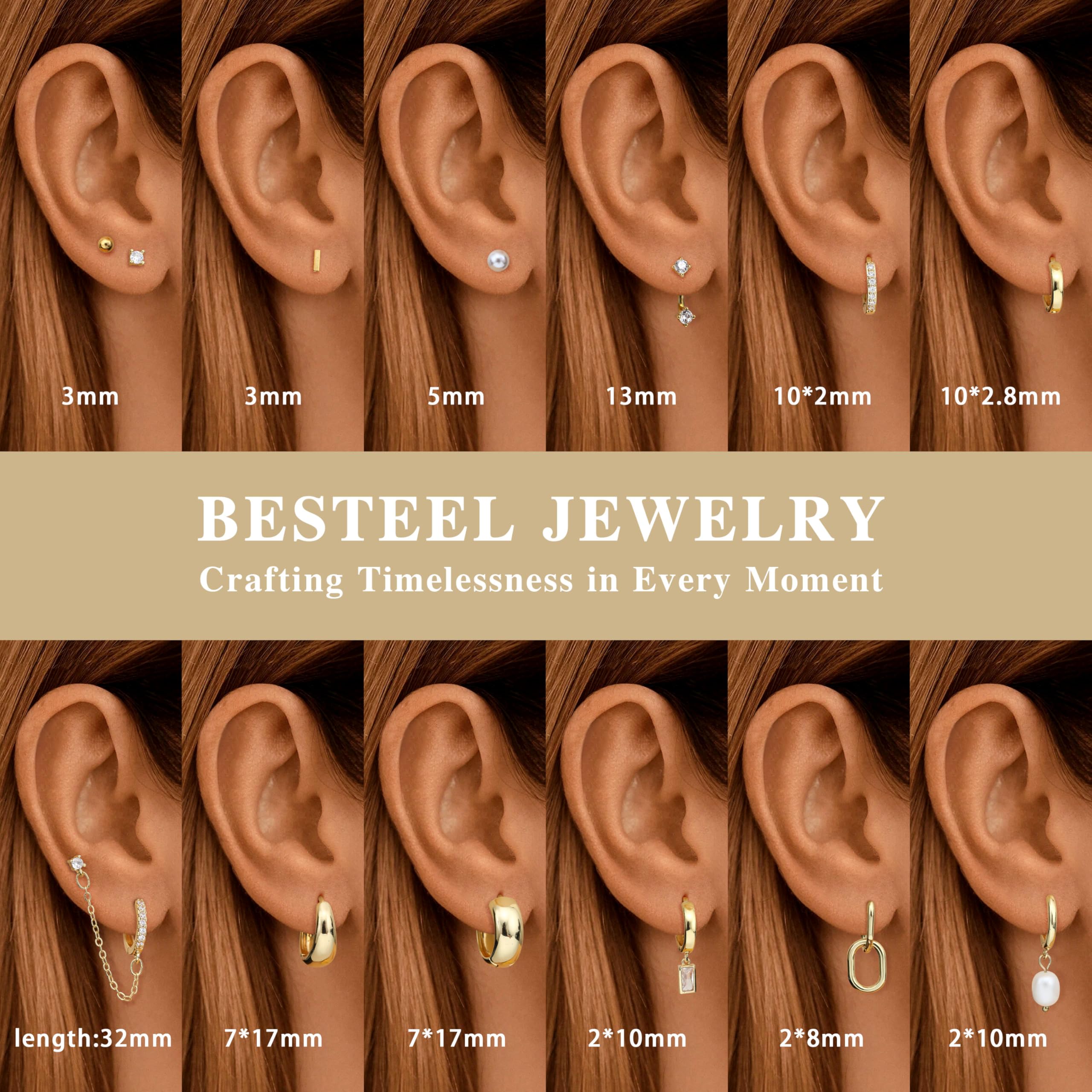 BESTEEL 13 Pairs Small Stud Hoop Earrings Set for Women Hypoallergenic 14K Gold Plated Dainty Huggie Hoops Lightweight Earrings for Gift
