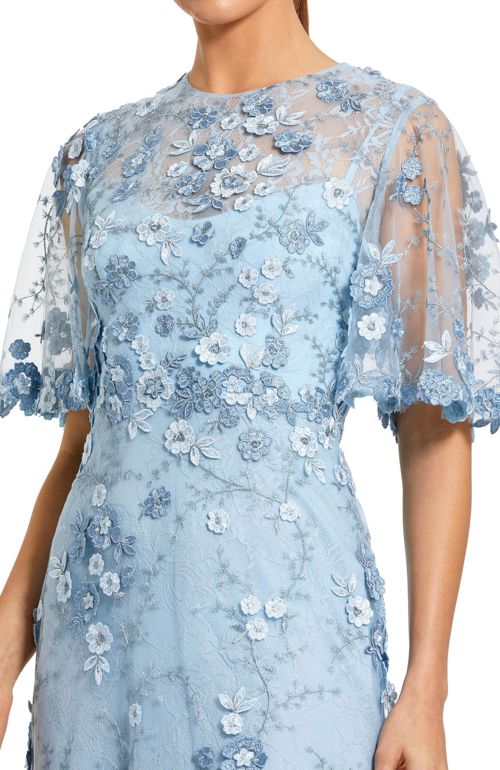 Flutter Sleeve Floral Emboridered Net Gown French Blue