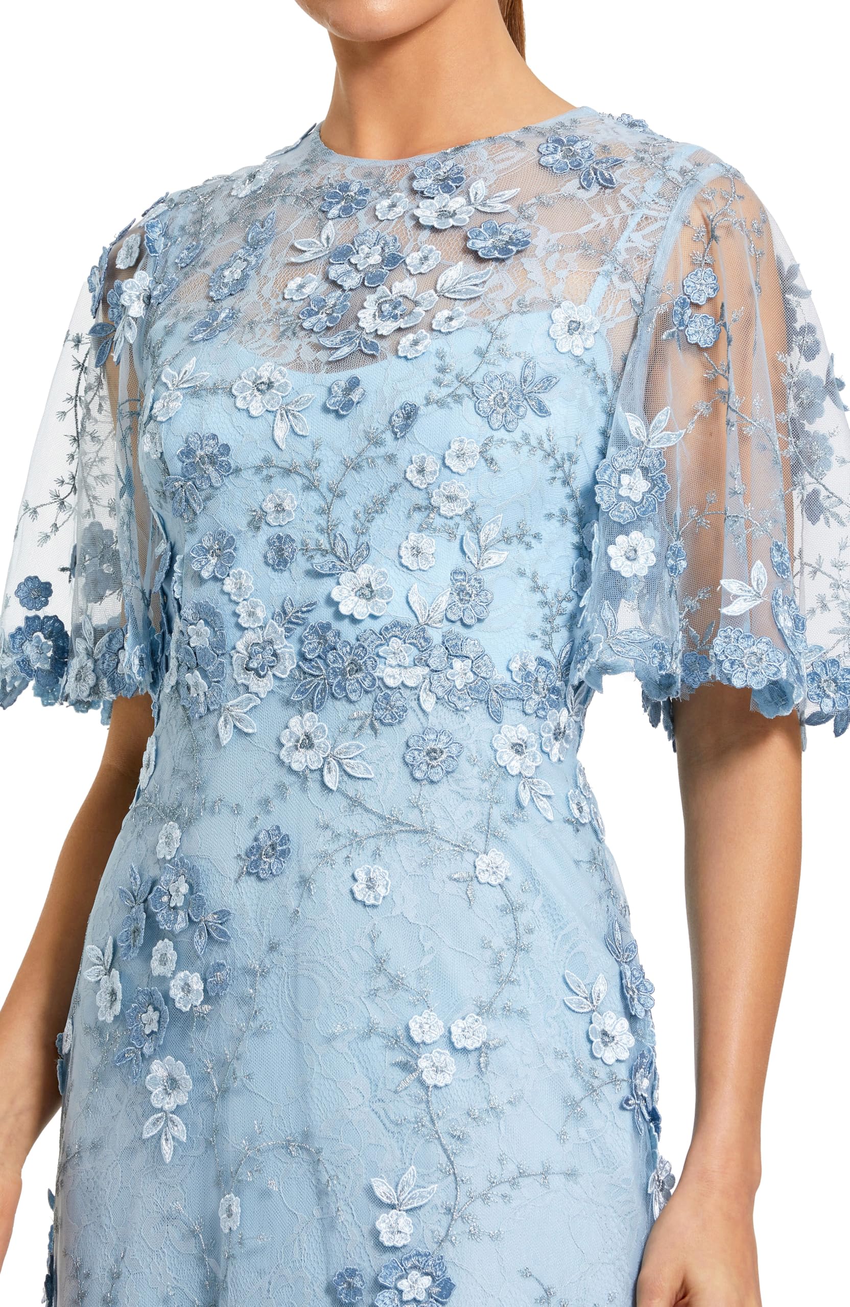 Flutter Sleeve Floral Emboridered Net Gown French Blue