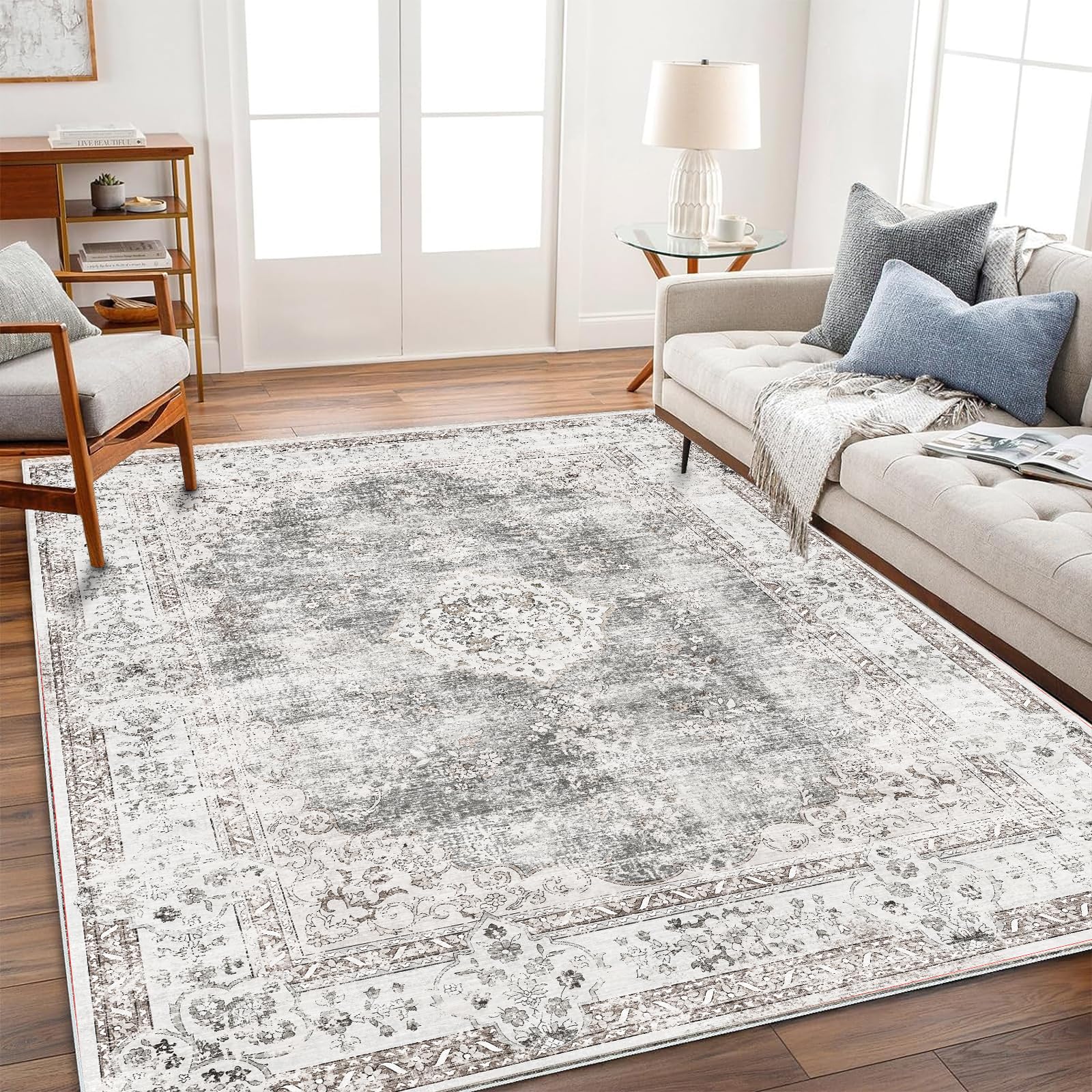 CHAMPLANT Area Rug 6'x9' Washable Vintage Traditional Floor Cover Thin Retro Kitchen Indoor Distressed Non Slip Carpet for Living Room Bedroom Dining Room