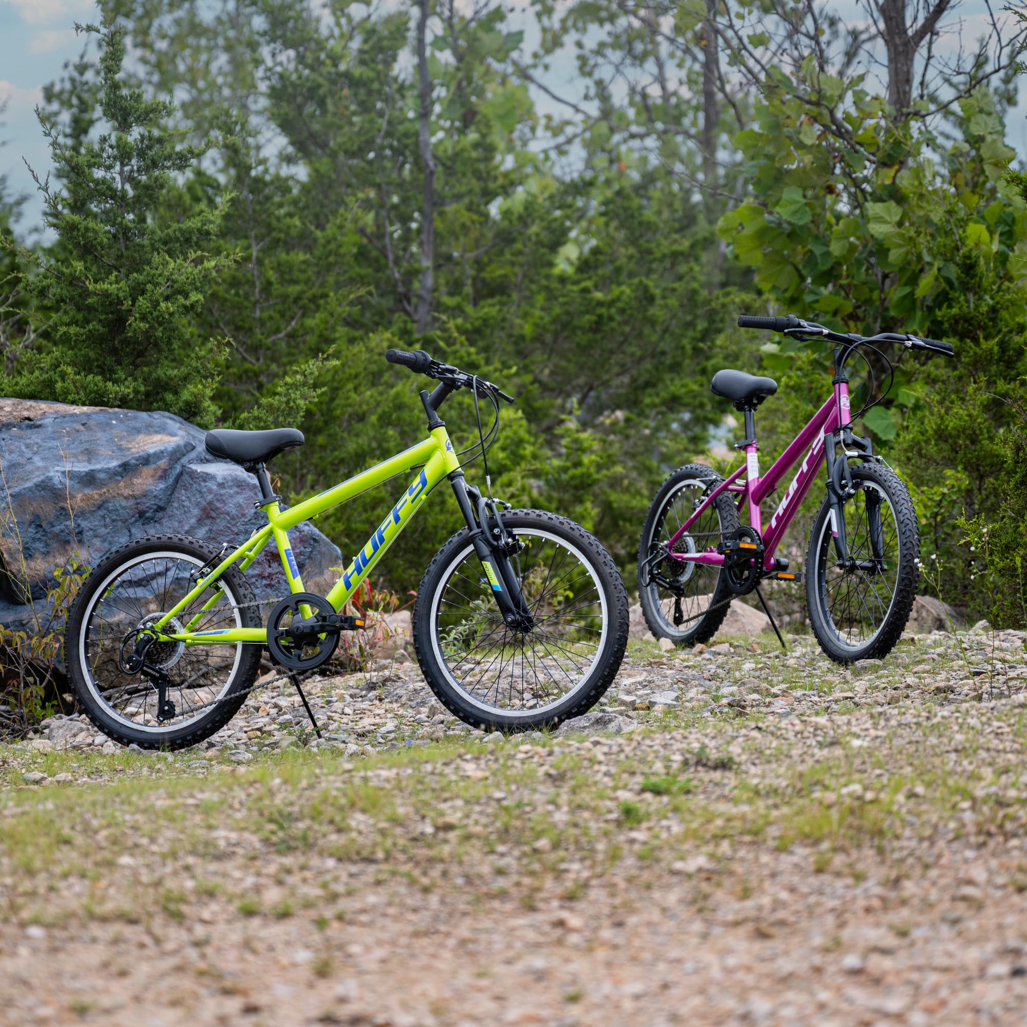 Huffy Stone 20 Inch Mountain Bike, Matte Lime Frame, 6-Speed Shimano Twist Shifting, Front Suspension, Comfort Saddle, 20"/24"/26" Sizes, 6-21 Speeds, Dual Suspension Available