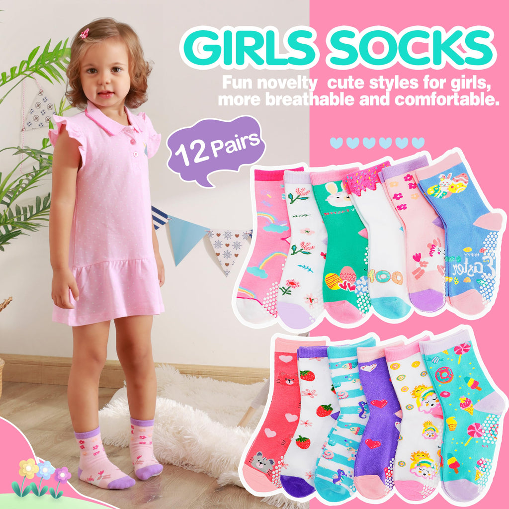 Welwoos Baby Girls Toddlers Grips Socks Kids Non Slip Anti Skid Funny Animal Cartoon Gift Cotton Socks with Grippers 12 Pairs Stocking Stuffers (Flower,5-8 Y)