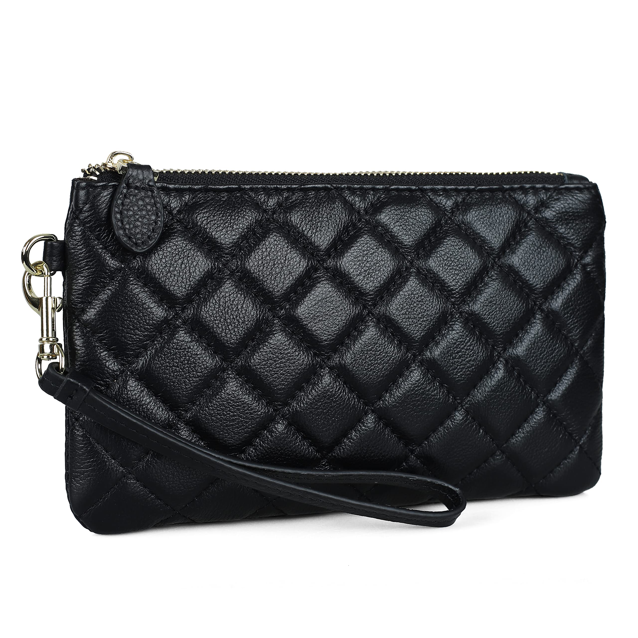 befen Genuine Leather Wristlet Clutch RFID Blocking Bag Cell Phone Wallet Purse Smartphone Wristlet Wallet Purses and Handbags for Women, Diamond Quilted Black