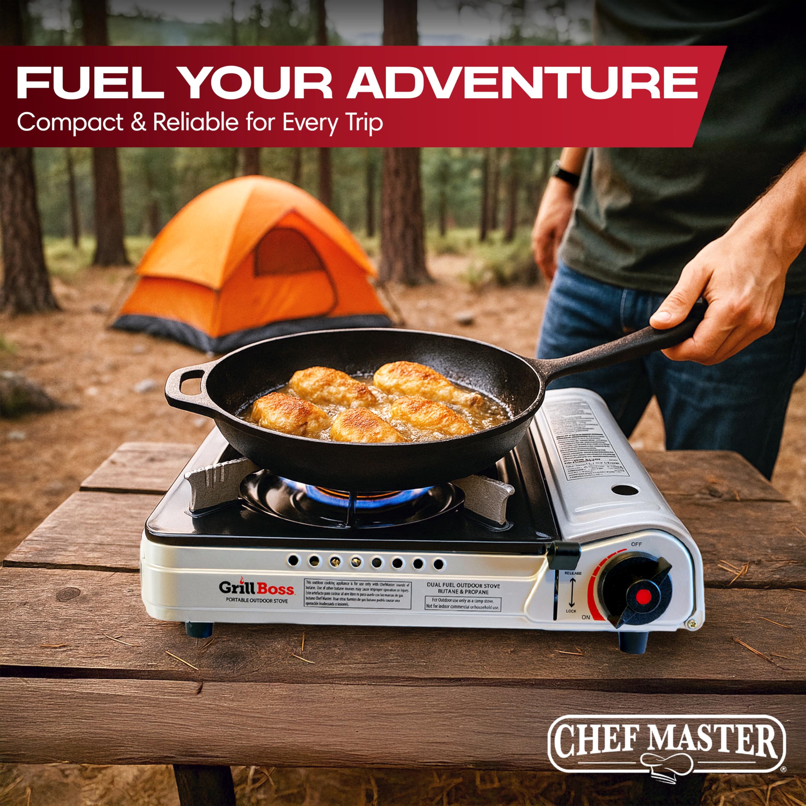 Grill Boss Dual Fuel Camp Stove w/ 4x 8oz Butane Canisters - 12,000 BTU Butane & Propane Portable Stove for Camping, Emergencies, BBQ, Hiking & Backpacking - Double Wind Guard, Piezo Ignition - 90057