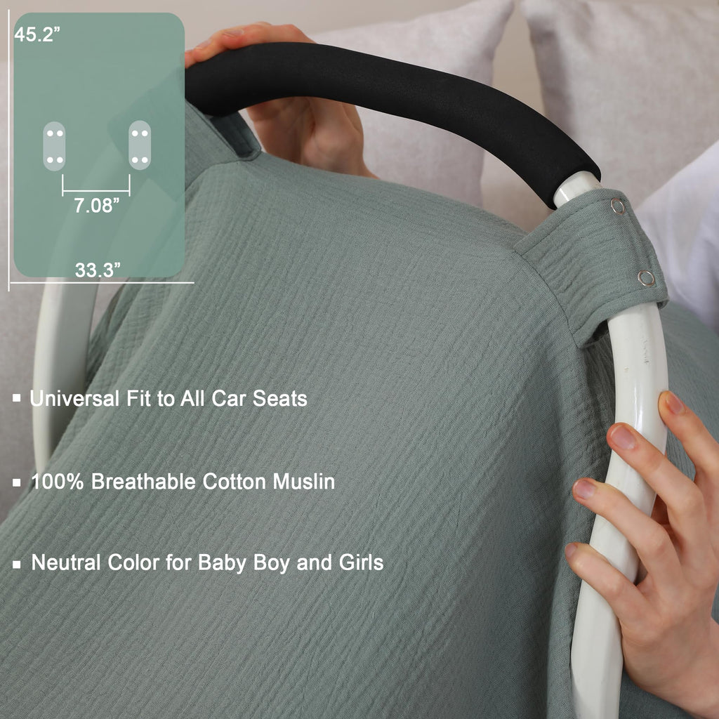 100% Muslin Cotton Car Seat Cover Baby, Carseat Canopy Cover, Universal Fit Stroller Covers for Boys and Girls (Roman Green)