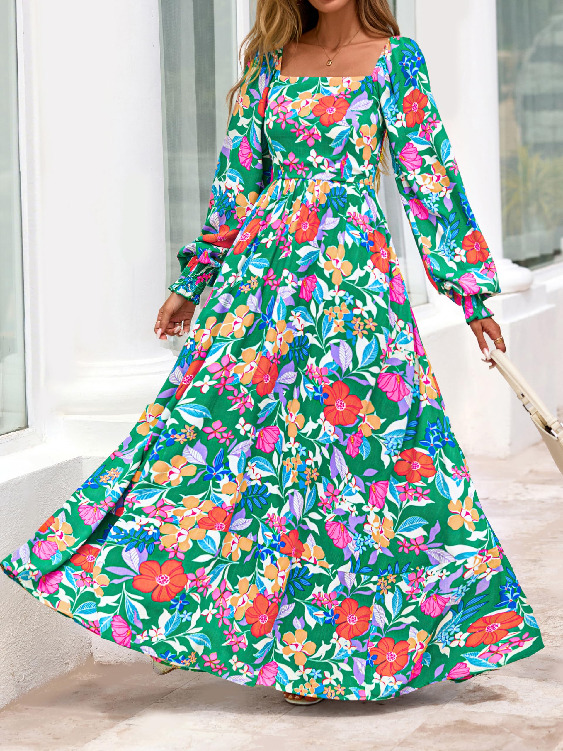 PRETTYGARDEN Women Floral Maxi Dresses 2026 Spring Long Sleeve Square Neck Boho A Line Wedding Guest Casual Flowy Long Dress(Green Floral,X-Large)