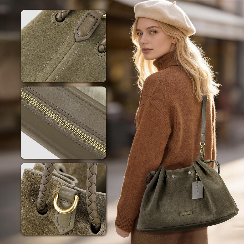 Airlex Hobo Bags for Women Genuine Full Grain Leather Quiet Luxury Crossbody Purse Premium Large Chic Shoulder Handbags with Detachable Inner Pouch Sustainable Ladies Work Travel Bag(Grey)