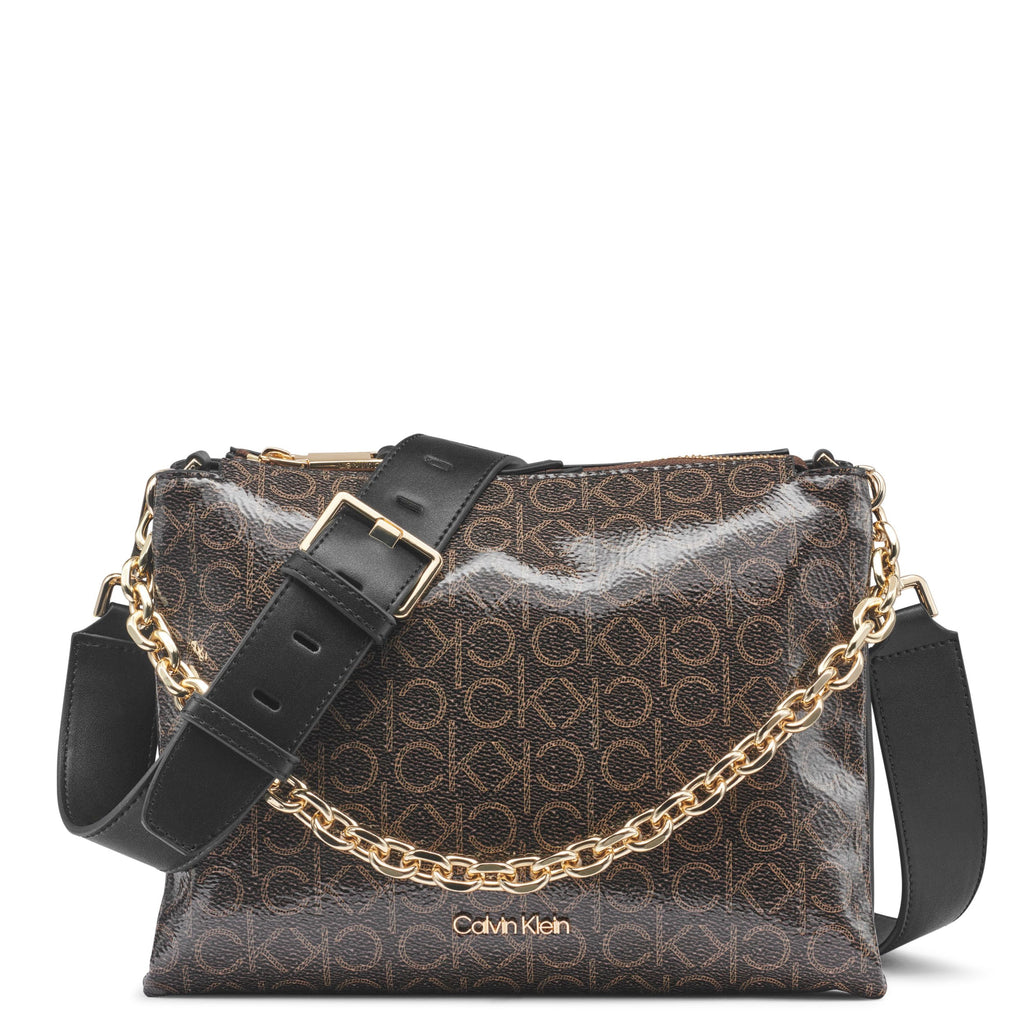 Calvin Klein Rain Triple Compartment Chain Crossbody, Brown/Khaki/Black, One Size