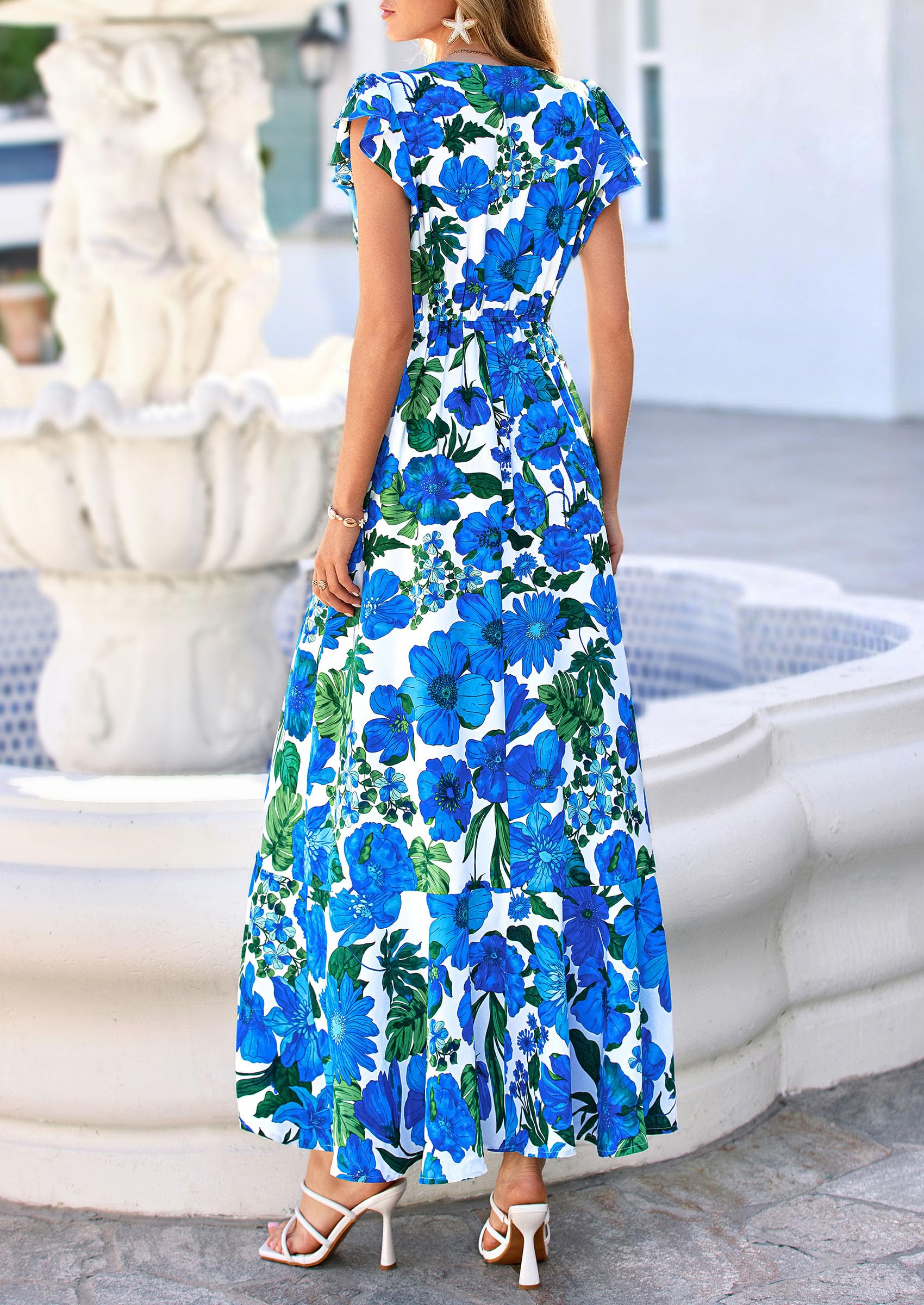 PRETTYGARDEN Spring Dresses for Women 2026 Summer Boho Floral Ruffle Short Sleeve Flowy Beach Wedding Guest Maxi Long Dress(Floral Blue,Large)