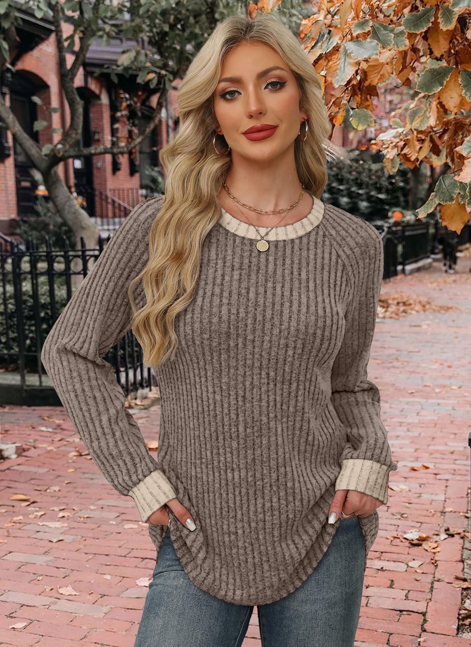WIHOLL Sweaters for Women Winter Clothing Long Sleeve Shirts For Womens Top Boho Business Casual Outfits Fall 2025 2026 Chocolate Brown Plus Size Spring Clothes Lightweight Cute Trendy