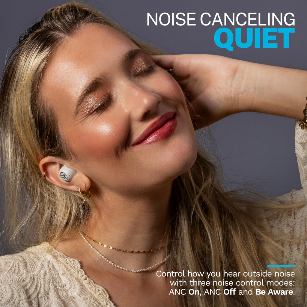 JLab Go Pop ANC True Wireless Earbuds & Charging Case, Cloud White, Active Noise Cancelling, 10mm Drivers, Dual Connect, Customize Your Sound with App, Be Aware Mode, Compact Fit, MEMS Microphone