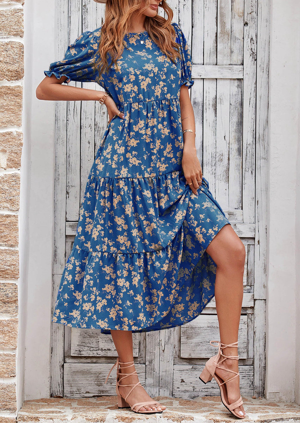 PRETTYGARDEN Summer Dresses for Women 2025 Casual Floral Boho Midi Sun Dress Puff Short Sleeve Flowy Beach Vacation Sundress (Blue Apricot,Medium)