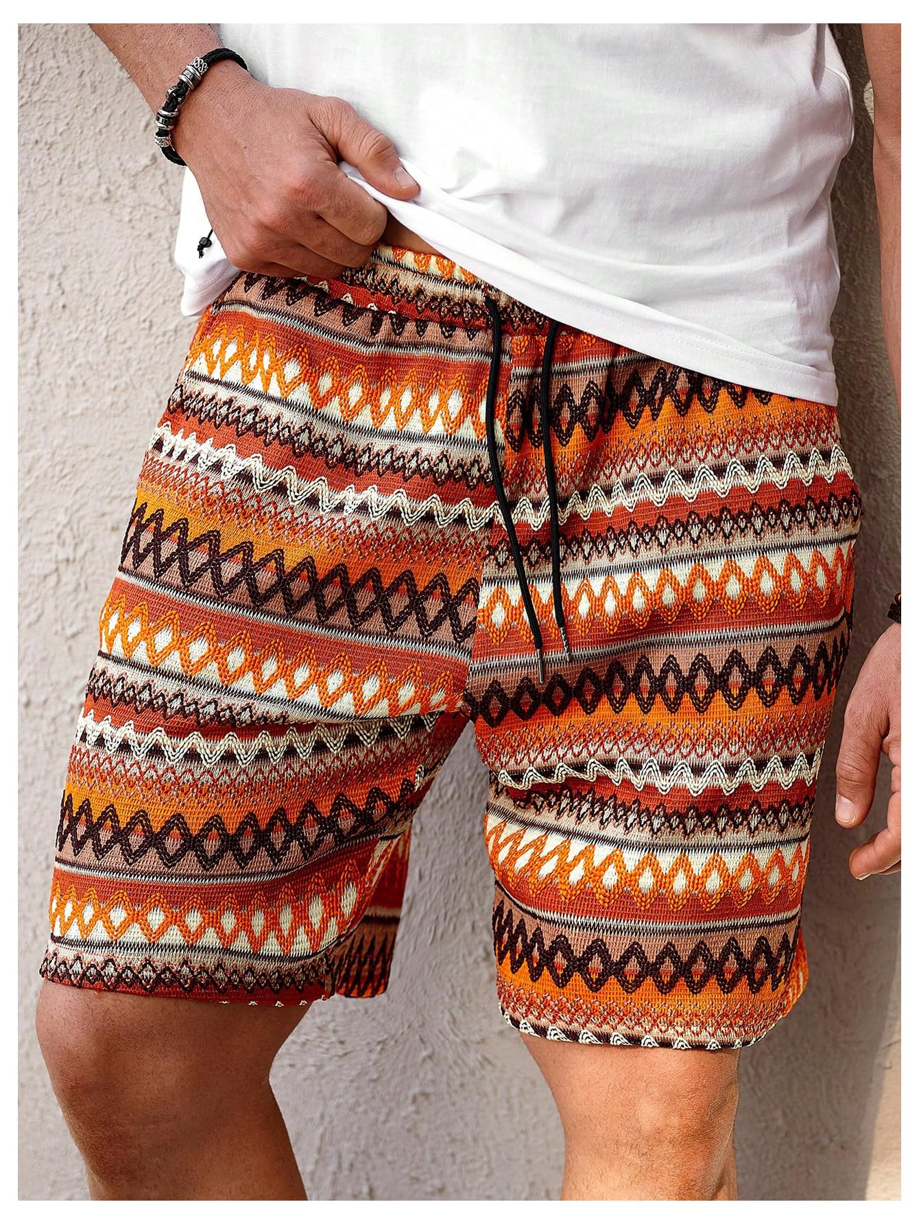 WDIRARA Men's Geometric Print Drawstring Waist Bermuda Shorts Boho Summer Beach Shorts with Pockets Multicolor X-Large