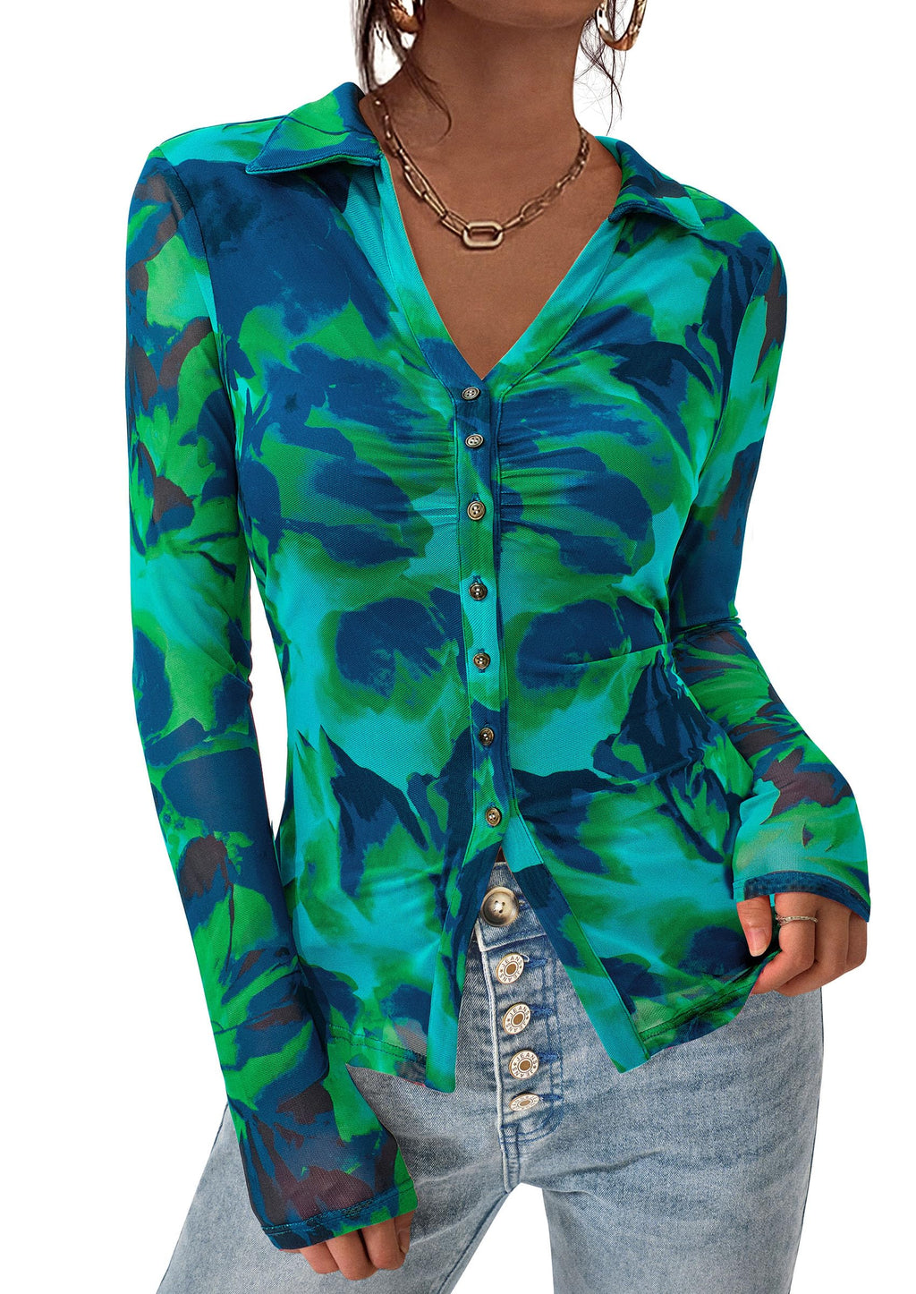 PRETTYGARDEN Women Button Down Floral Shirts 2026 Fall Trendy Long Sleeve V Neck Mesh Boho Blouse Spring Tops Date Outfits (Floral Blue Green,Large)