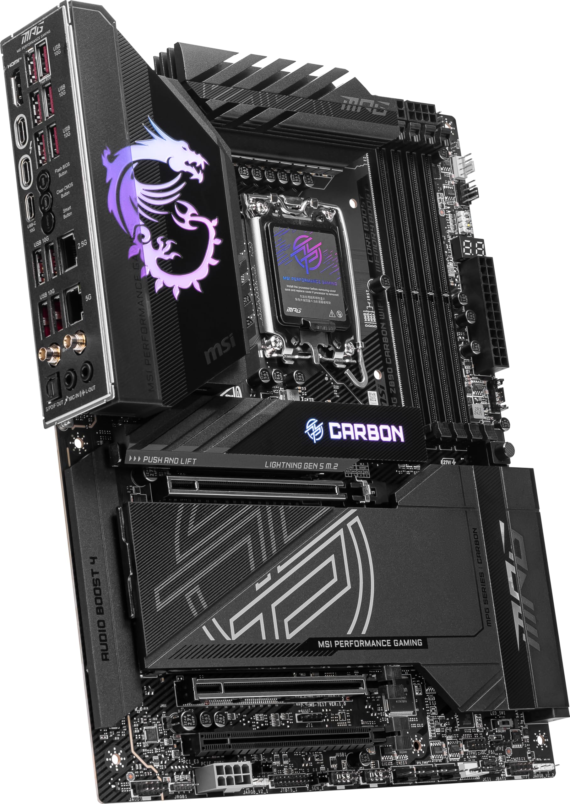MSI MPG Z890 Carbon WiFi Gaming Motherboard (Support Core Ultra Series 2 Intel Processors, LGA 1851, DDR5, PCIe 5.0, M.2, SATA, 5Gbps LAN, USB Type-C, Wi-Fi 7, Bluetooth 5.4, Thunderbolt 4, ATX)