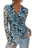 PRETTYGARDEN Women Button Down Floral Shirts 2026 Fall Trendy Long Sleeve V Neck Mesh Boho Blouse Spring Tops Date Outfits (Zebra Blue Black,Large)