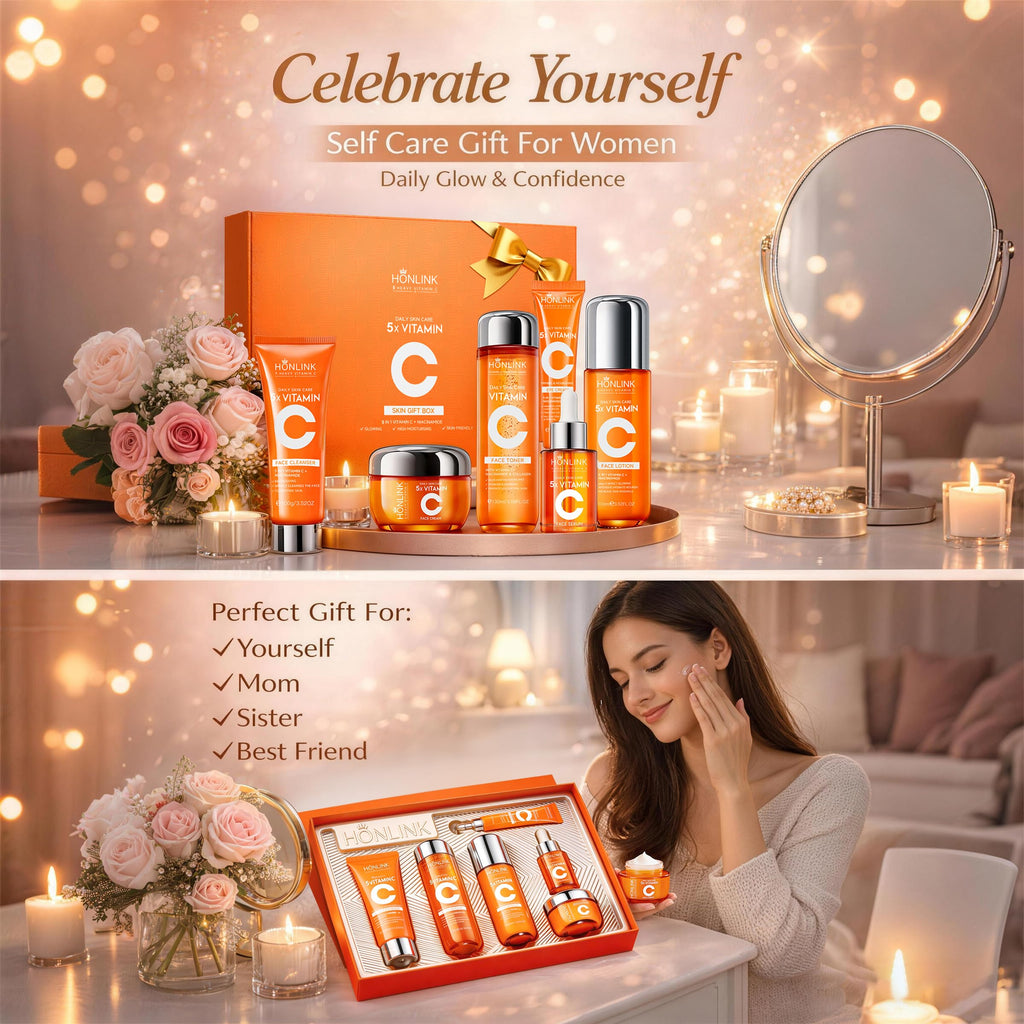 6-Piece Hydrating Skincare Set with Vitamin C & Niacinamide, Face Care Kit Includes Toner, Serum, Cleanser, Moisturizer, Eye Cream & Body Lotion | Valentine’s Day Gift for Women